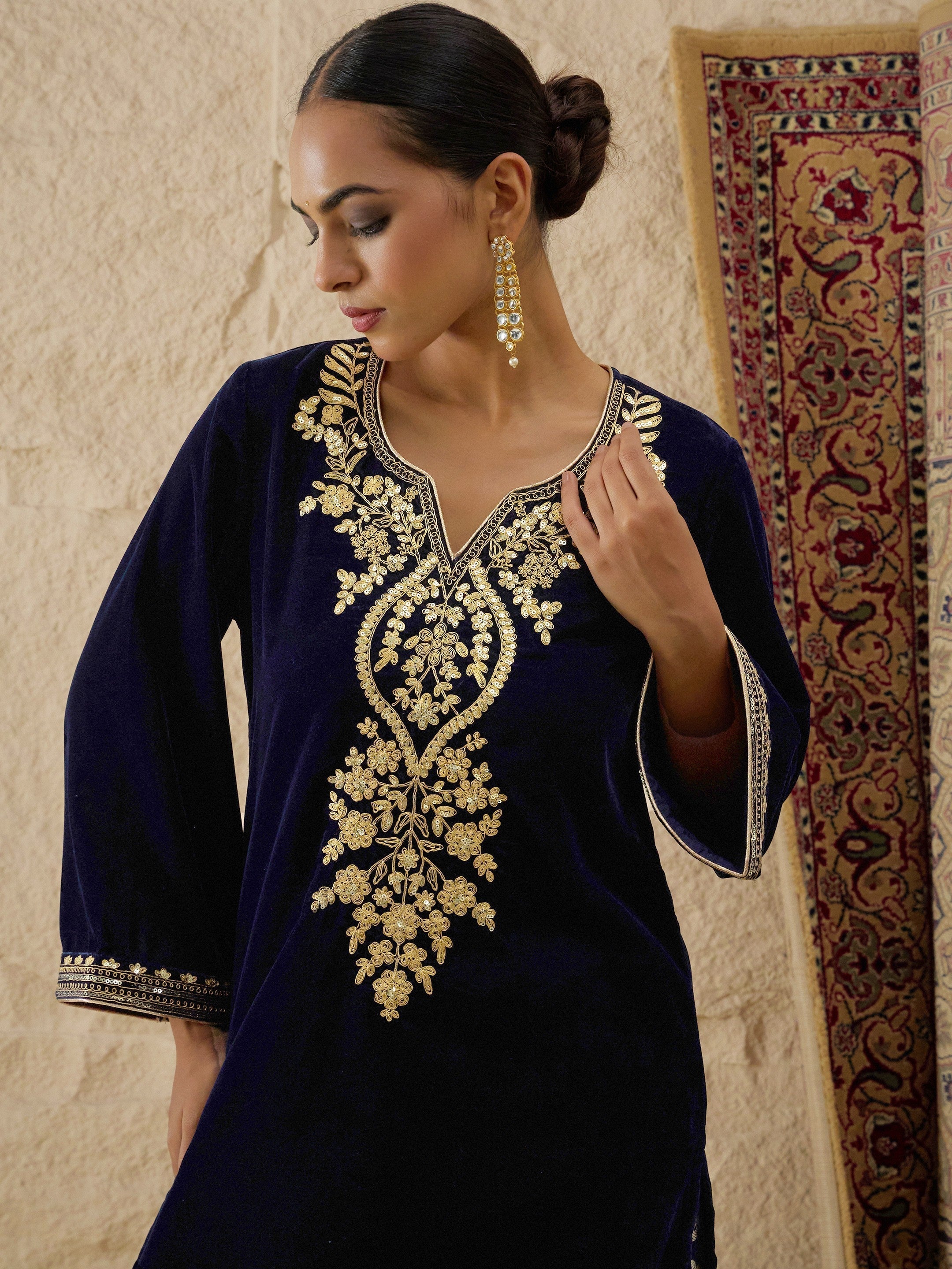 Navy Velvet Embroidered Short Kurta With Farshi Salwar Shae by SASSAFRAS