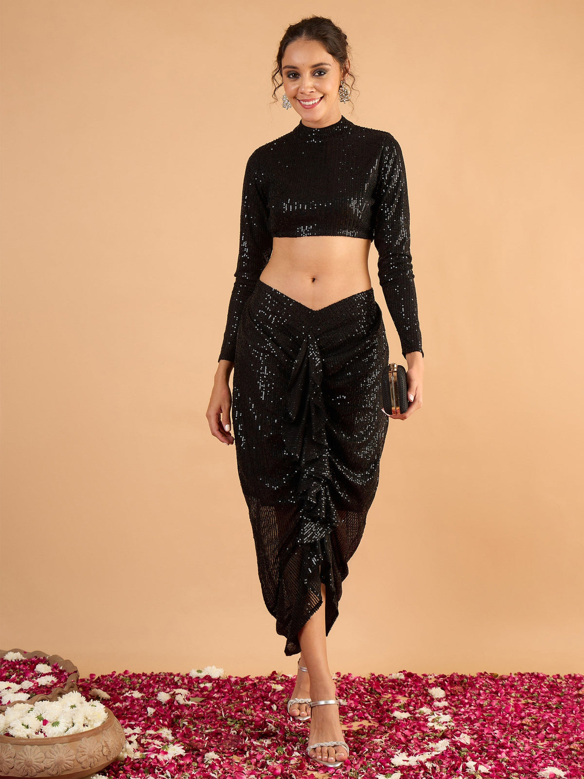 Women Black sequence Crop Top With Front Frill Skirt