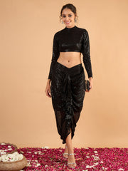 Women Black sequence Crop Top With Front Frill Skirt