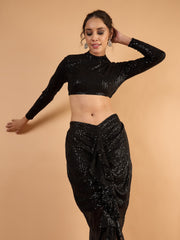 Women Black sequence Crop Top With Front Frill Skirt