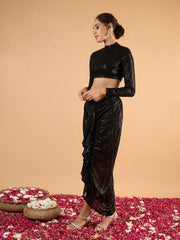 Women Black sequence Crop Top With Front Frill Skirt