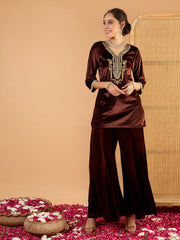 Women Brown Velvet Embroidered Short Kurta With Palazzo
