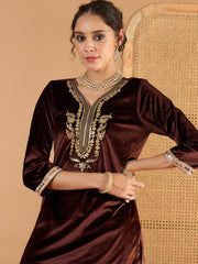 Women Brown Velvet Embroidered Short Kurta With Palazzo