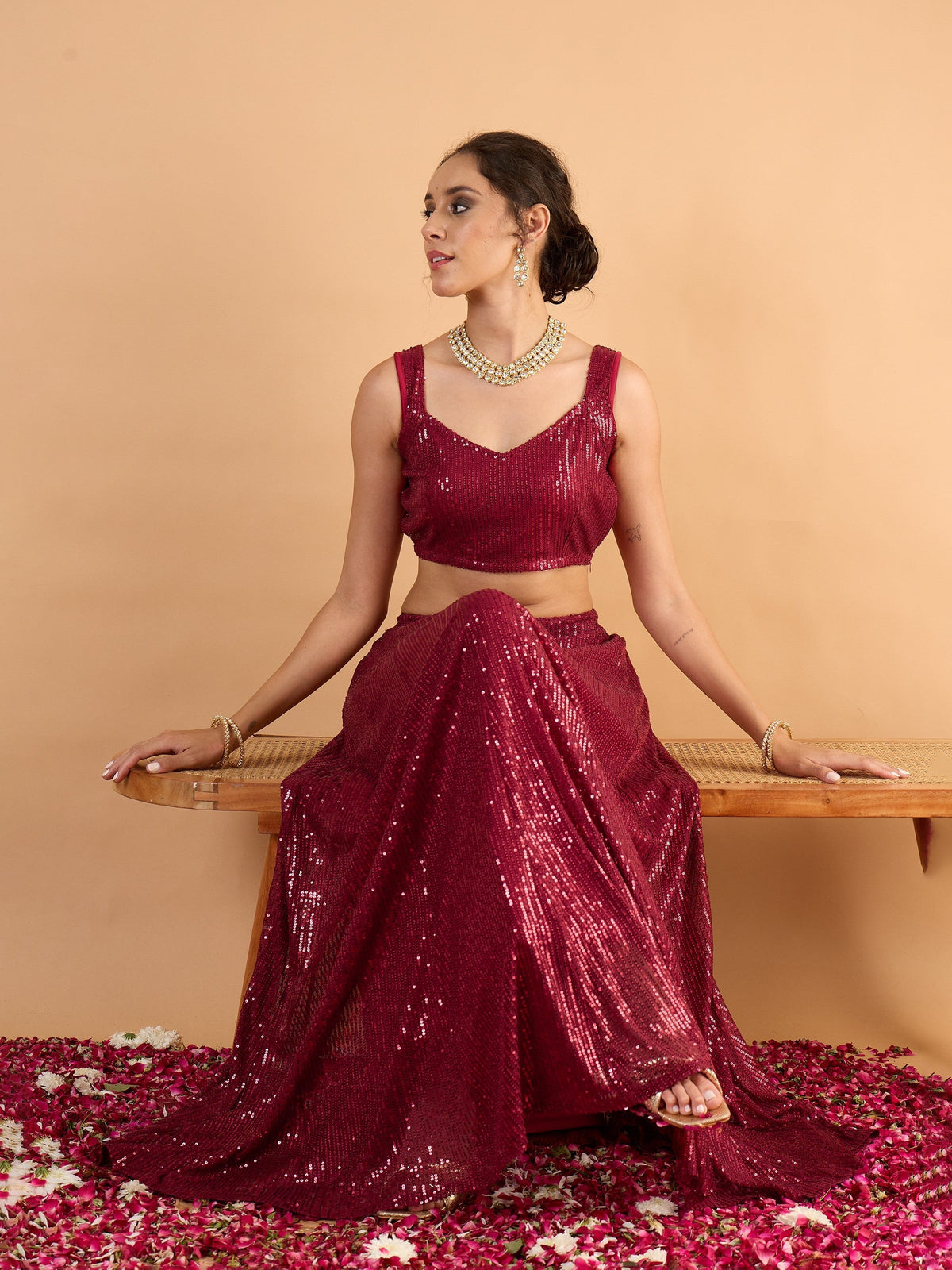 Women Maroon Sequence Sleeveless Crop Top With Anarkali Skirt