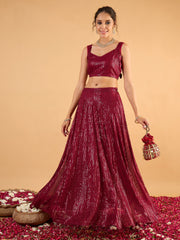 Women Maroon Sequence Sleeveless Crop Top With Anarkali Skirt