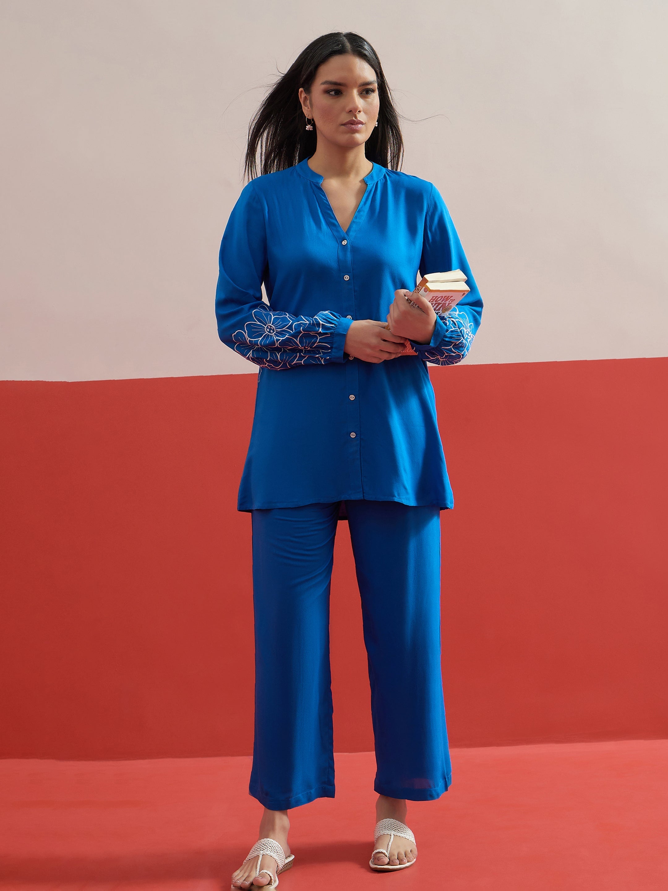 Cobalt Blue Sleeves Embroidered Shirt With Pants Shae by SASSAFRAS