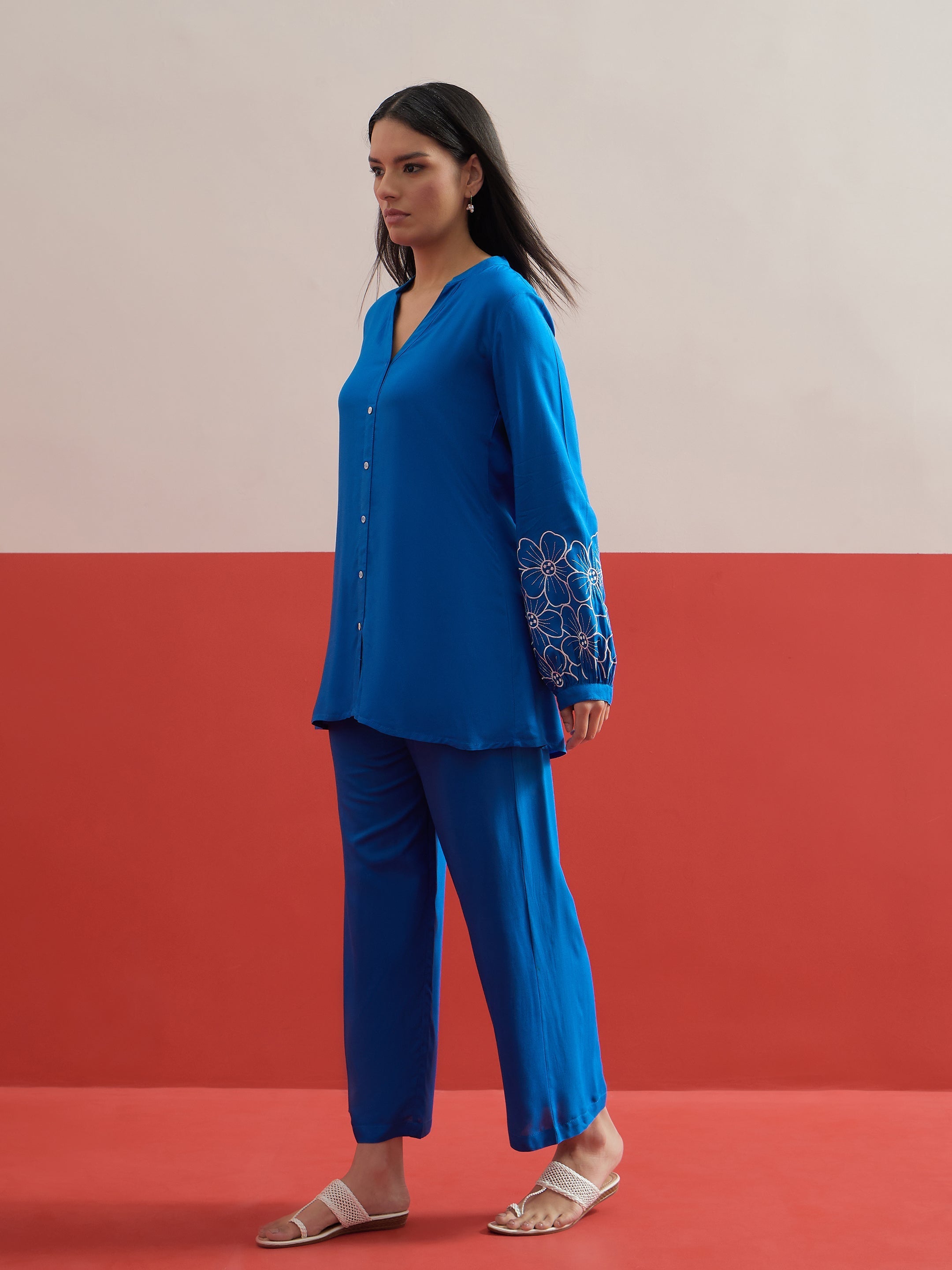 Cobalt Blue Sleeves Embroidered Shirt With Pants Shae by SASSAFRAS