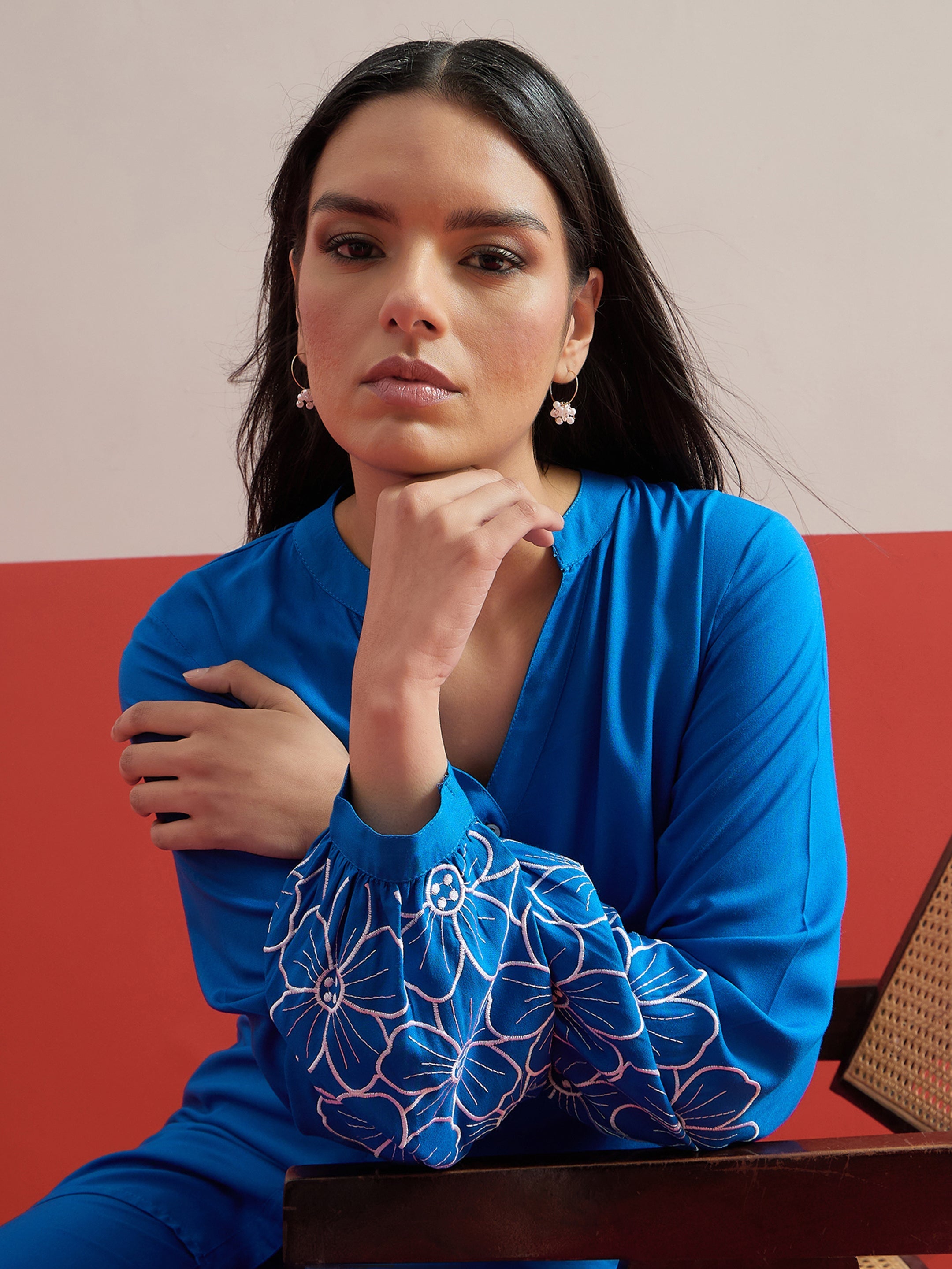 Cobalt Blue Sleeves Embroidered Shirt With Pants Shae by SASSAFRAS