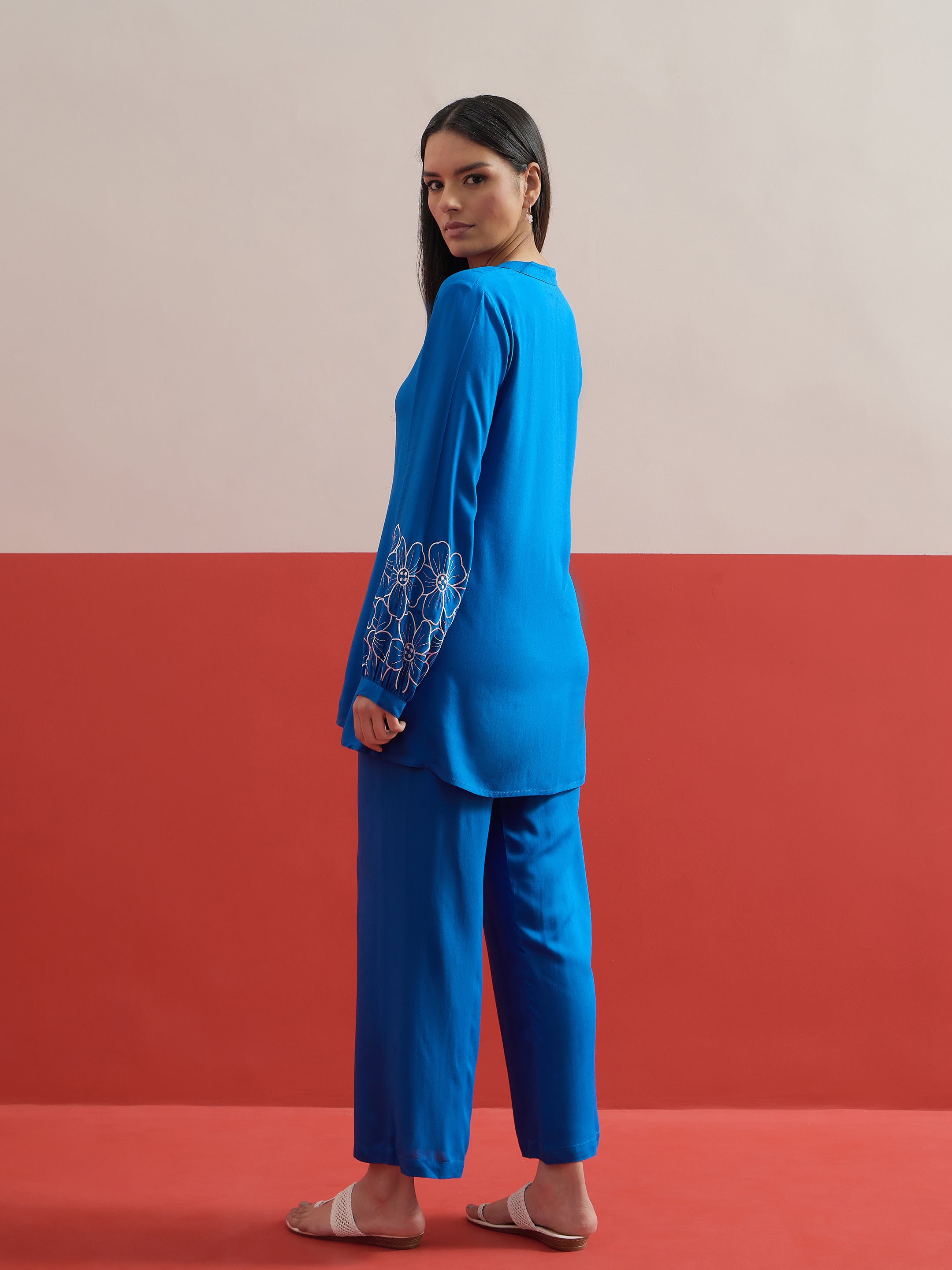 Cobalt Blue Sleeves Embroidered Shirt With Pants Shae by SASSAFRAS