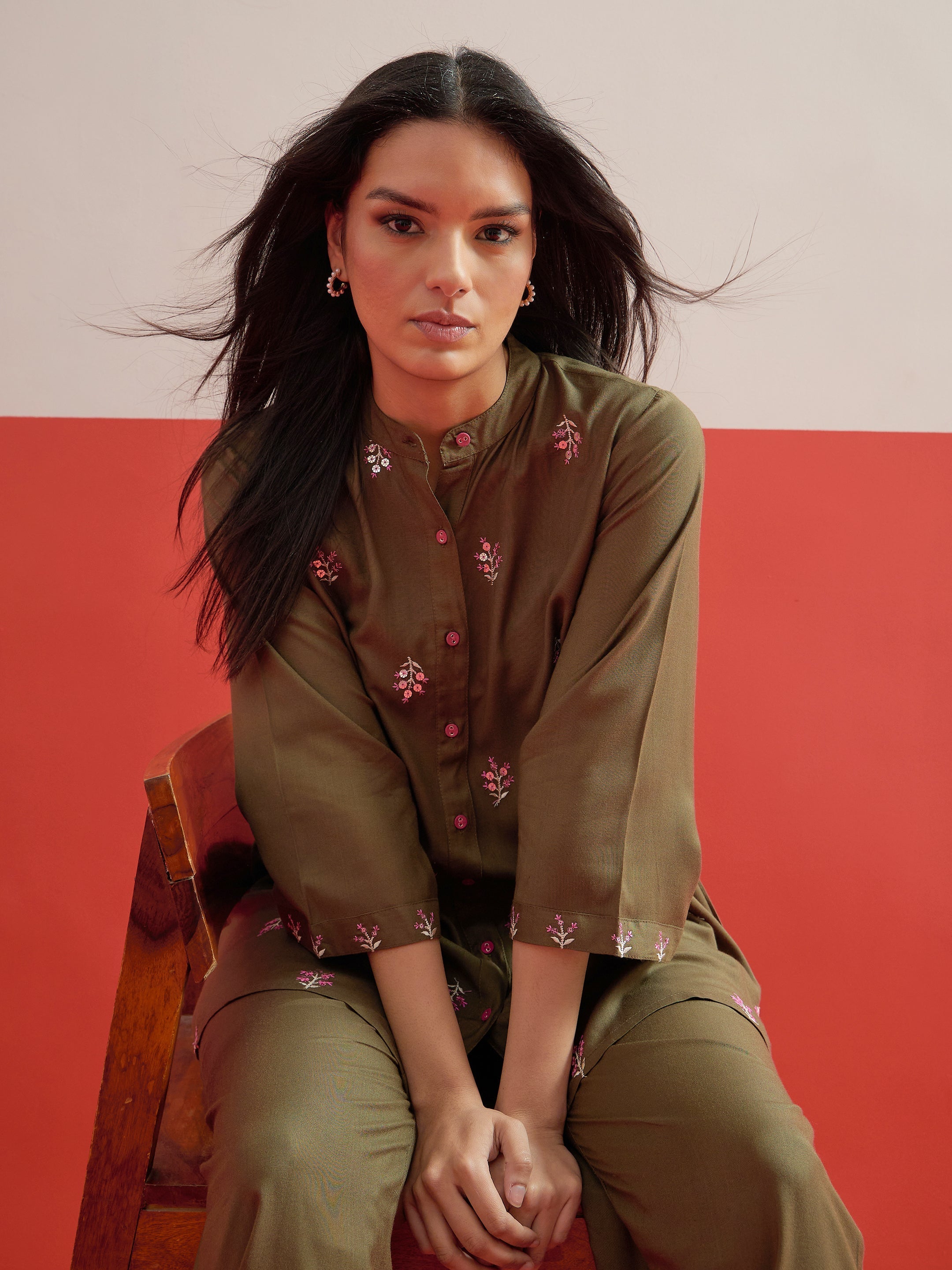 Olive All Over Embroidered Shirt With Palazzos Shae by SASSAFRAS