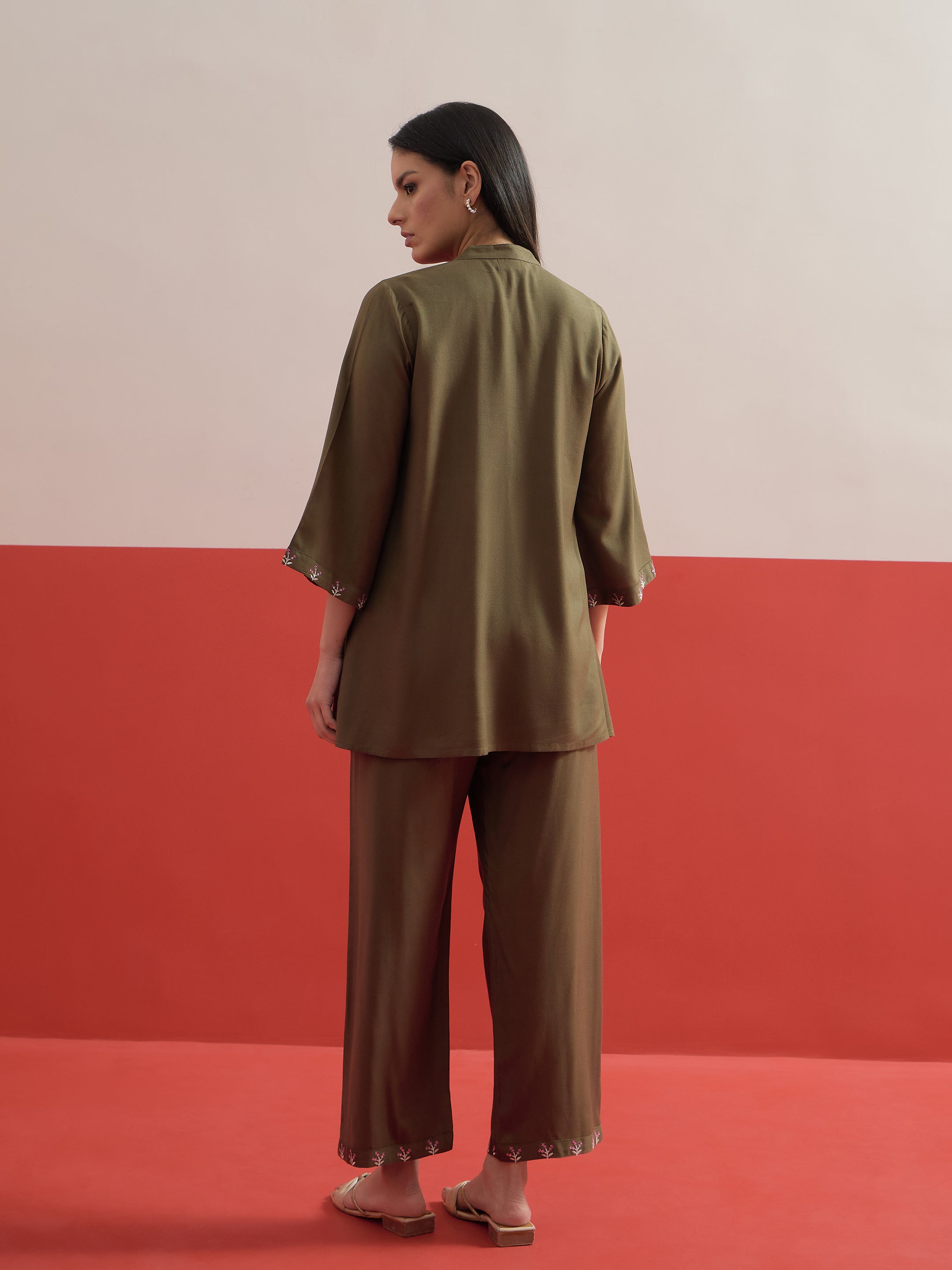 Olive All Over Embroidered Shirt With Palazzos Shae by SASSAFRAS