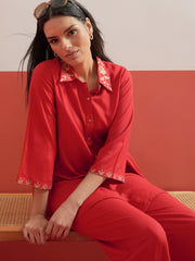 Red Zari Embroidered Shirt Collar Top With Palazzos Shae by SASSAFRAS