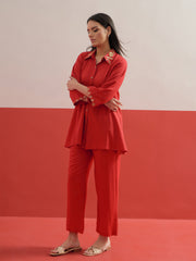 Red Zari Embroidered Shirt Collar Top With Palazzos Shae by SASSAFRAS