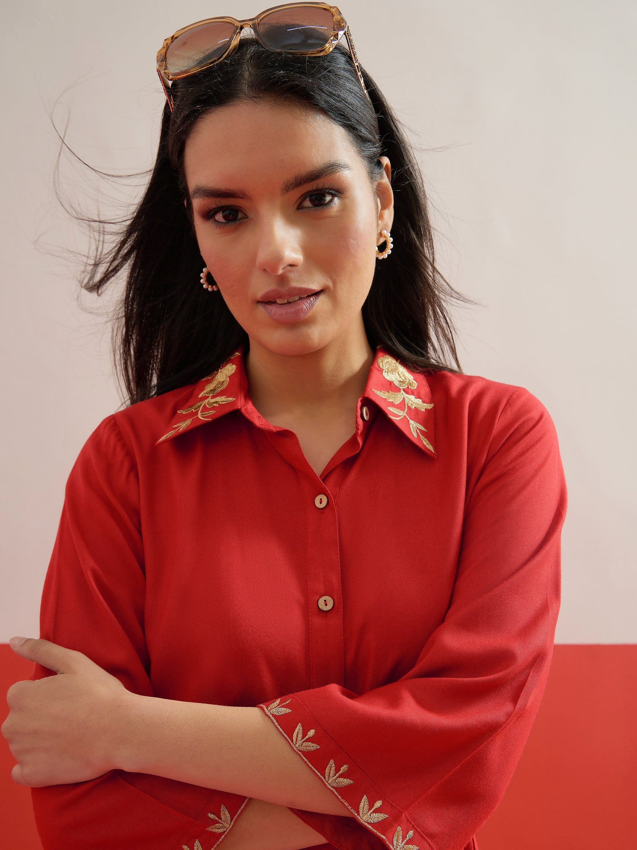 Red Zari Embroidered Shirt Collar Top With Palazzos Shae by SASSAFRAS