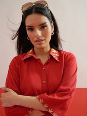 Red Zari Embroidered Shirt Collar Top With Palazzos Shae by SASSAFRAS