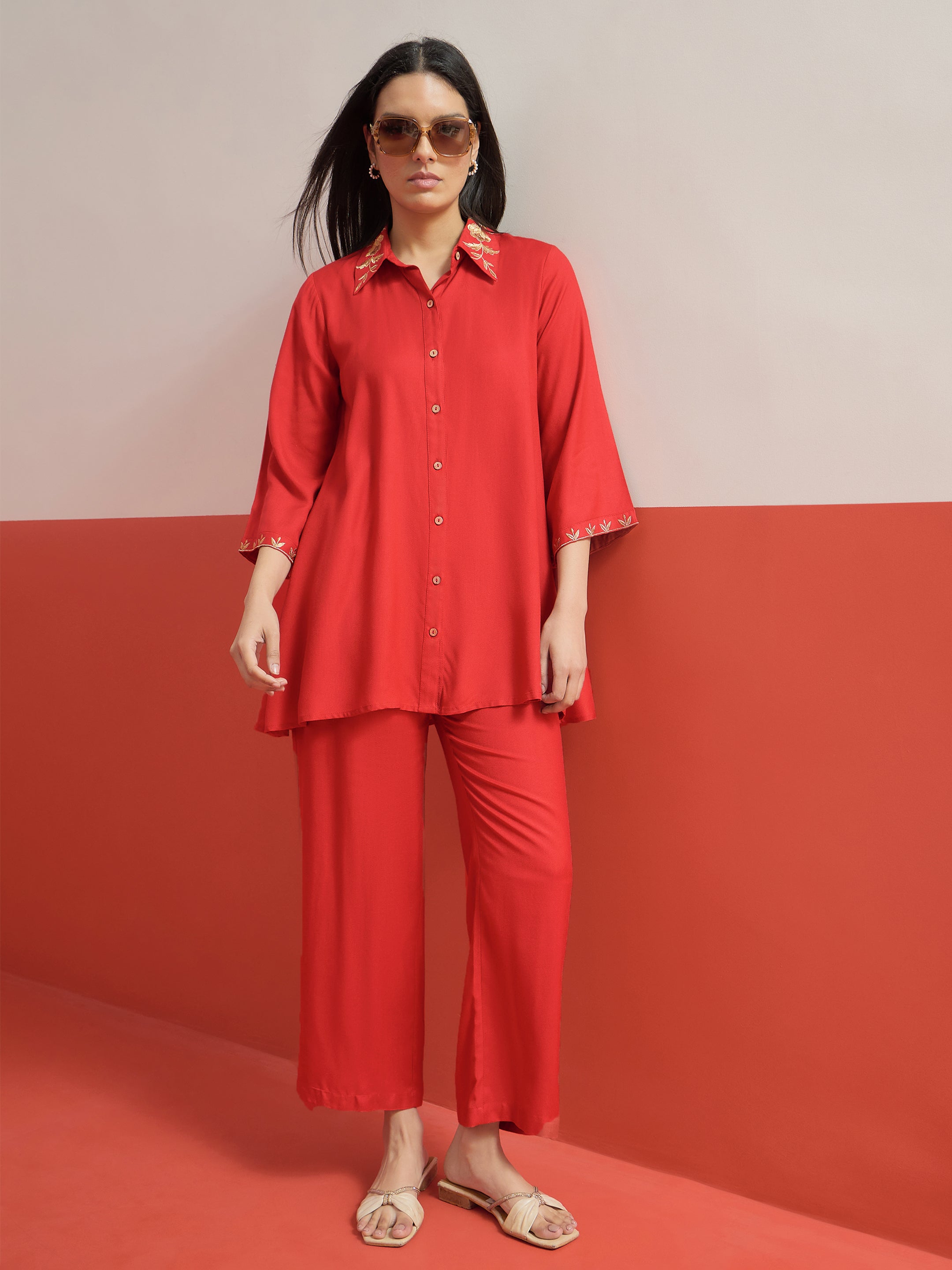 Red Zari Embroidered Shirt Collar Top With Palazzos Shae by SASSAFRAS