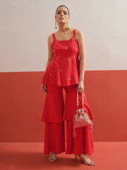 Red Embroidered Top With Layered Sharara Pants Shae by SASSAFRAS