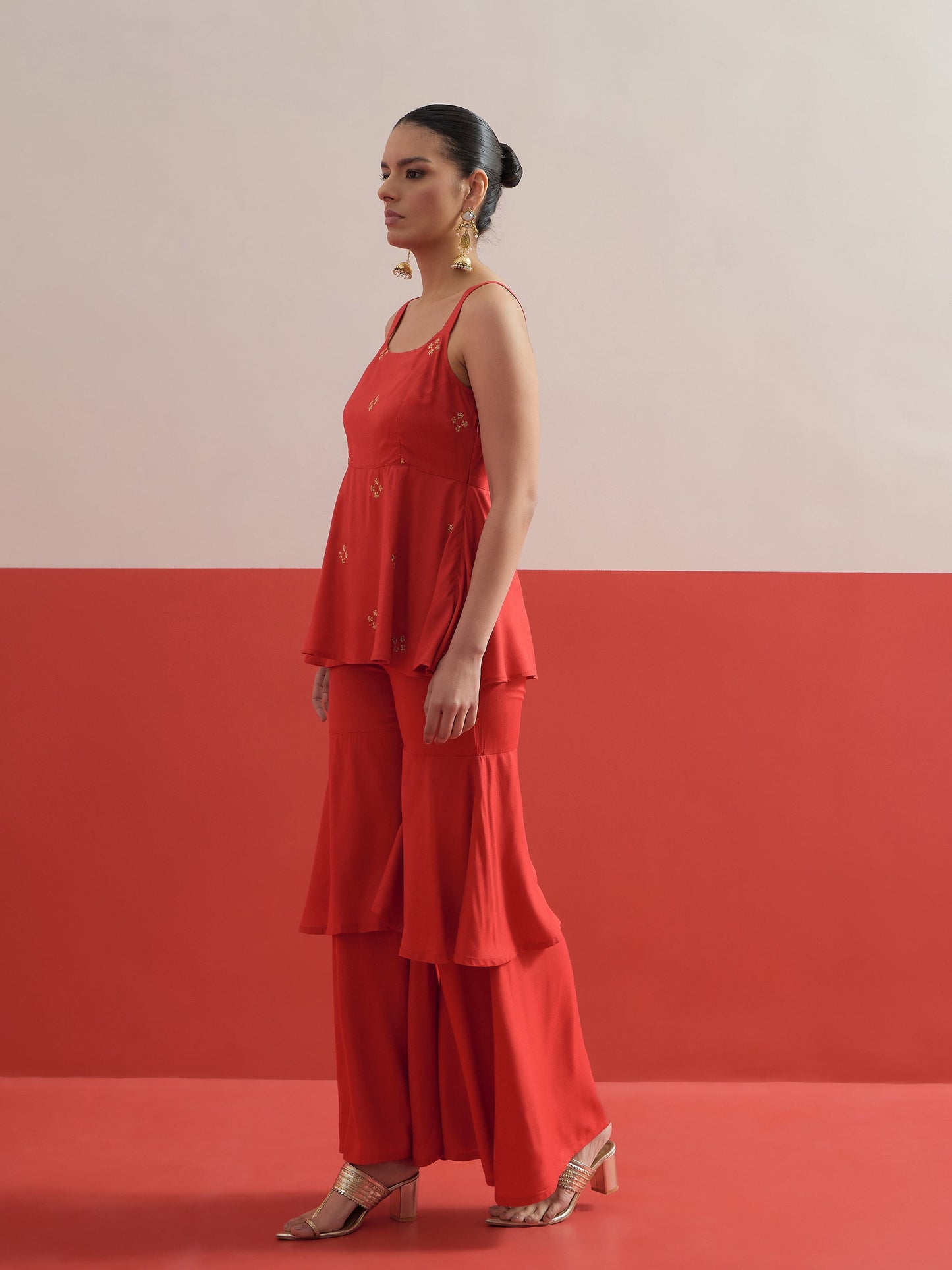 Red Embroidered Top With Layered Sharara Pants Shae by SASSAFRAS