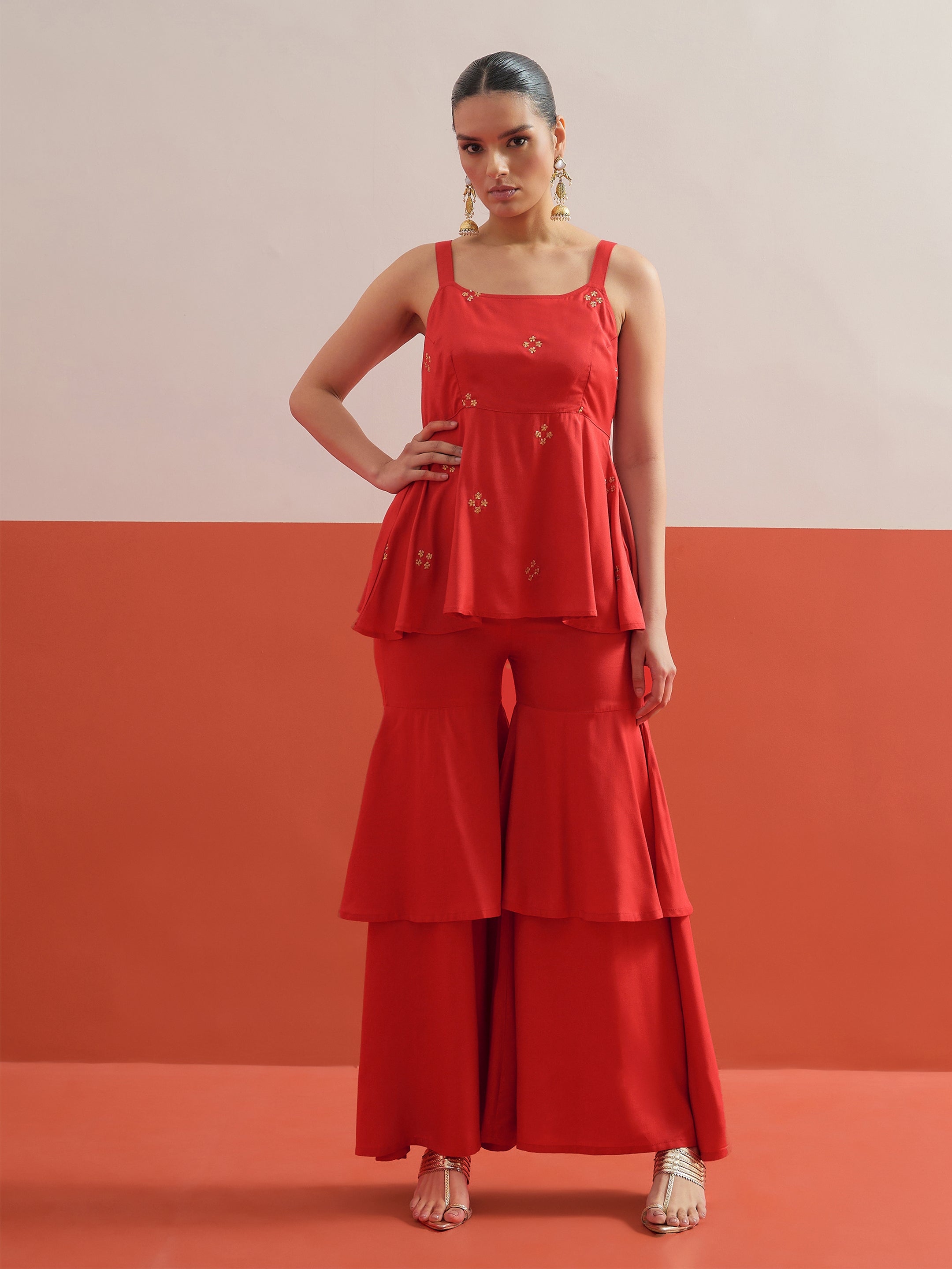 Red Embroidered Top With Layered Sharara Pants Shae by SASSAFRAS