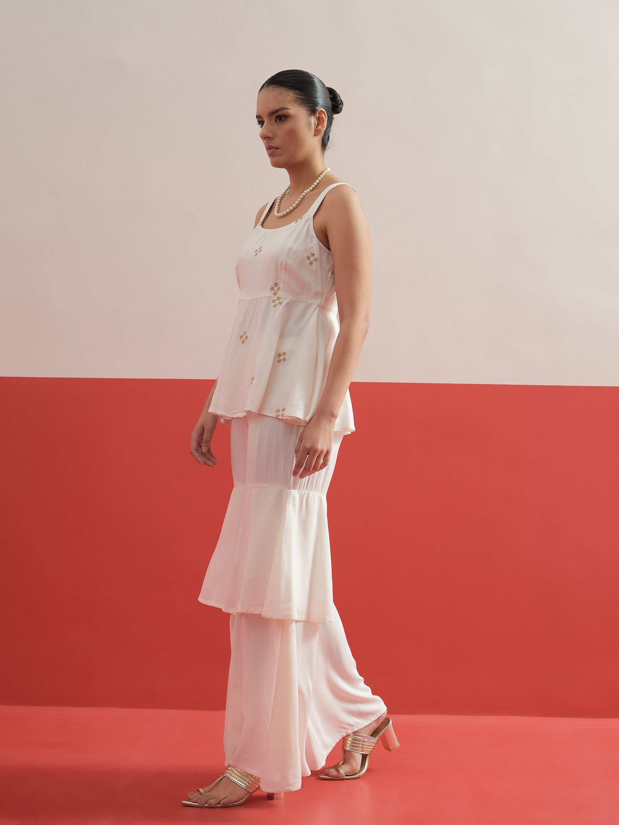 White Embroidered Top With Layered Sharara Pants Shae by SASSAFRAS