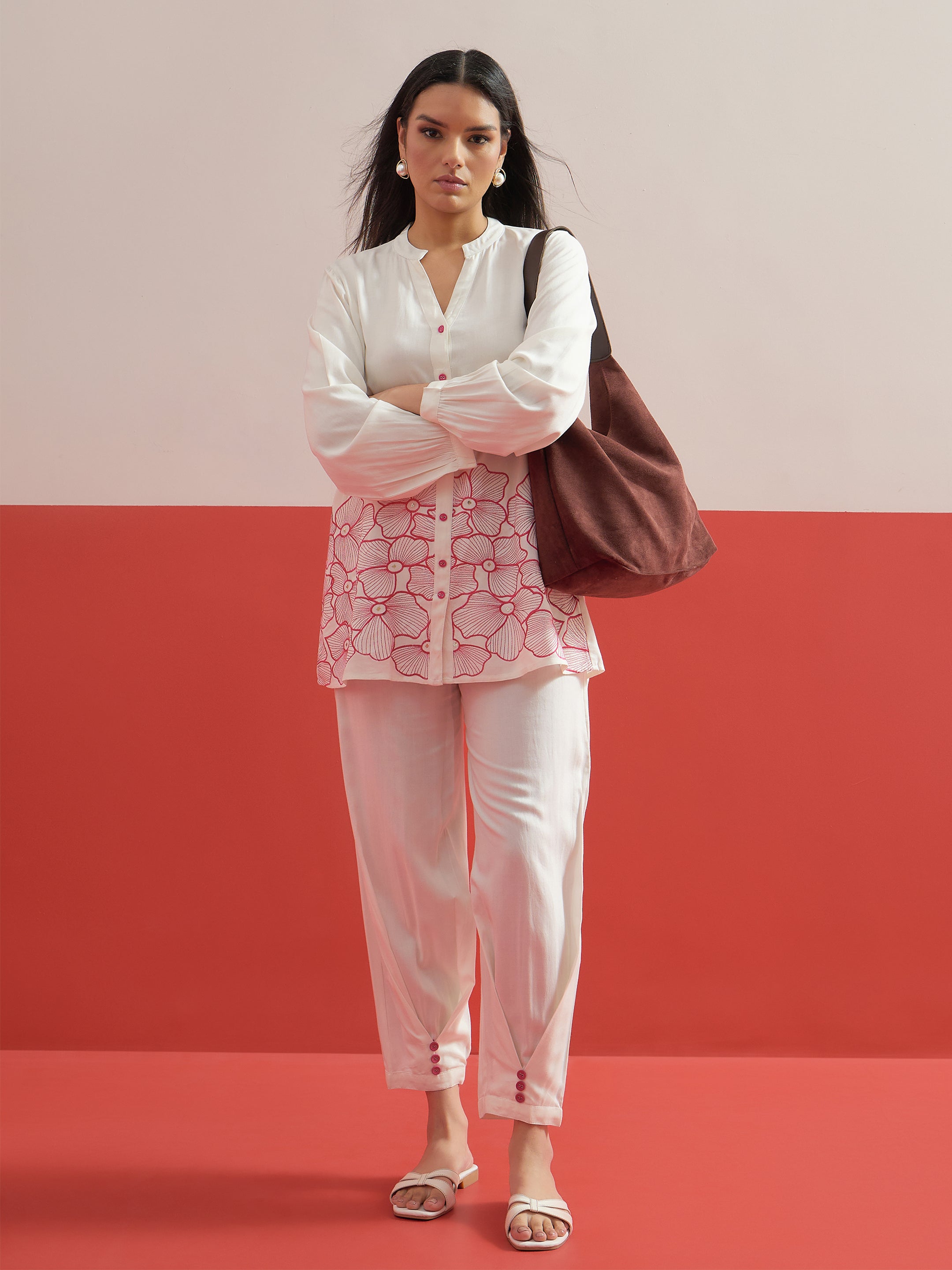White Hem Embroidered Shirt With Pleated Pants Shae by SASSAFRAS