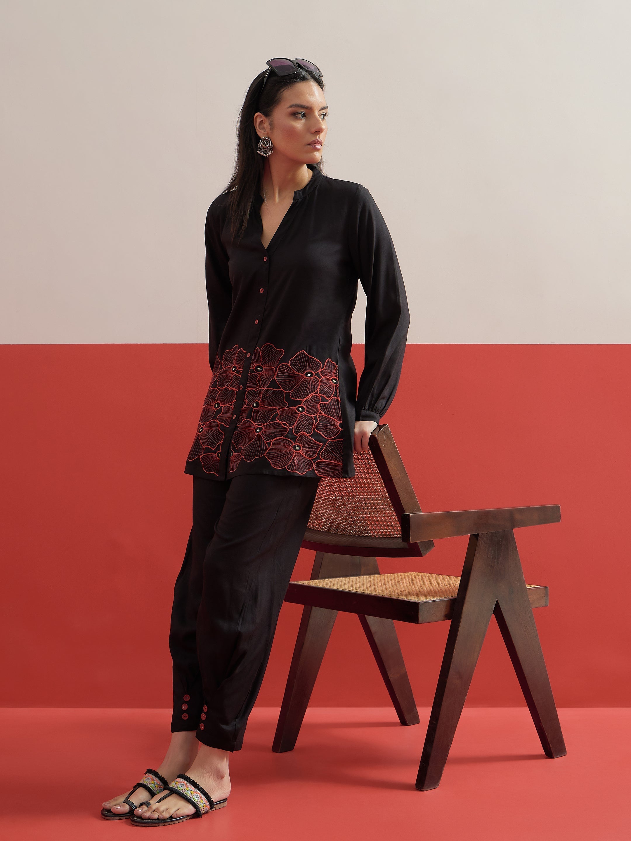 Black Hem Embroidered Shirt With Pleated Pants Shae by SASSAFRAS