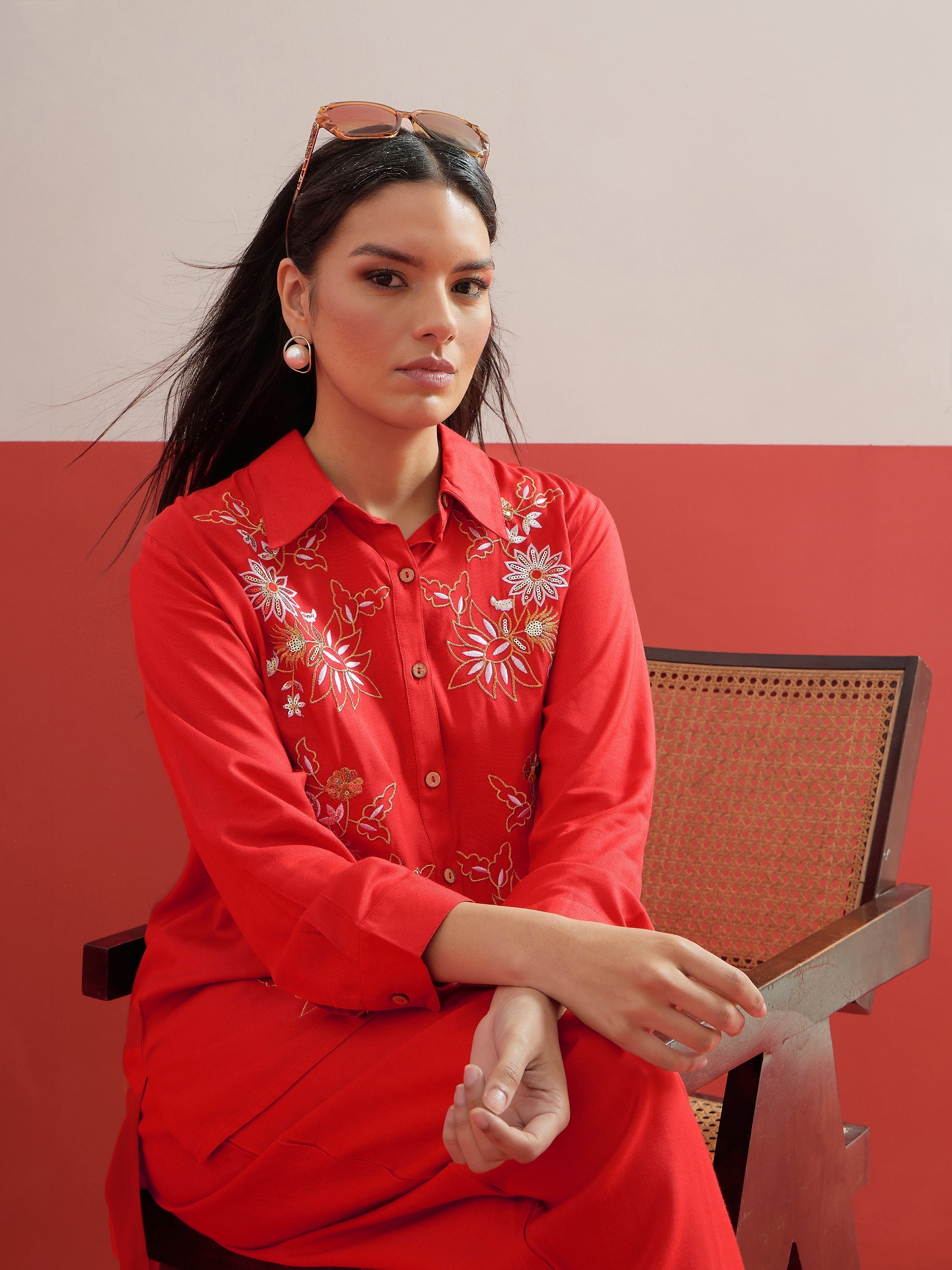 Red Embroidered Hi Low Shirt With Balloon Pants Shae by SASSAFRAS
