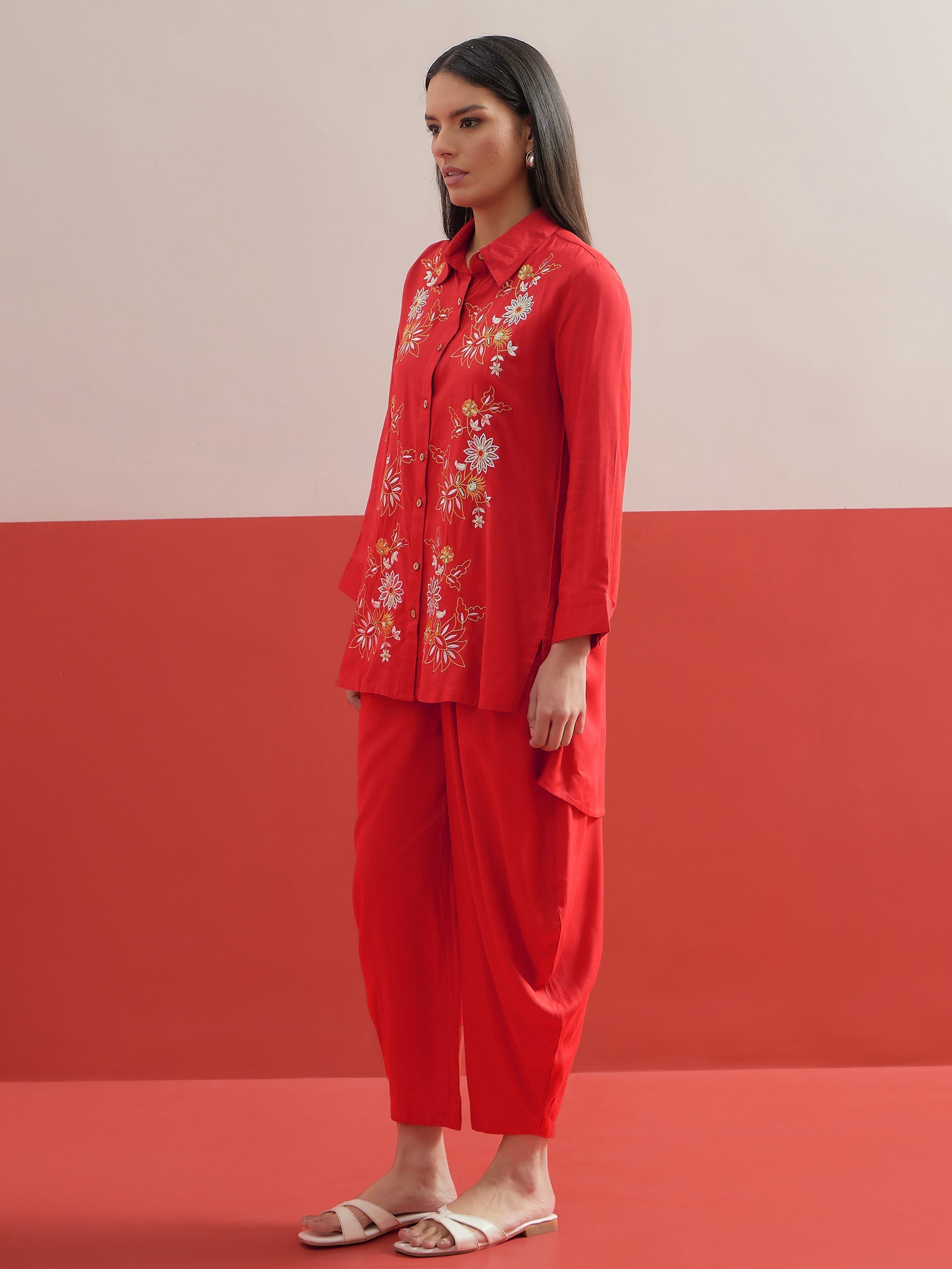 Red Embroidered Hi Low Shirt With Balloon Pants Shae by SASSAFRAS