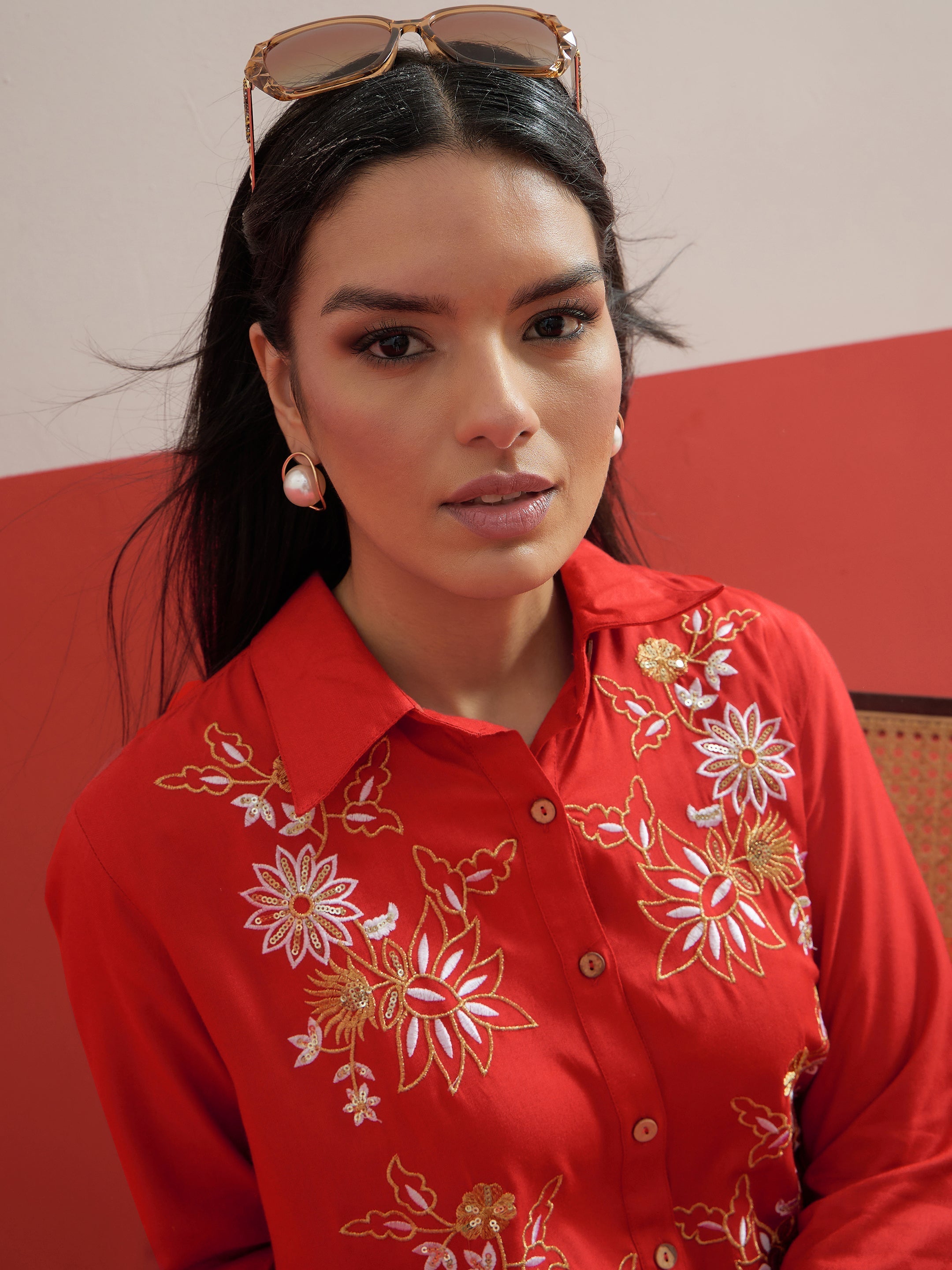Red Embroidered Hi Low Shirt With Balloon Pants Shae by SASSAFRAS