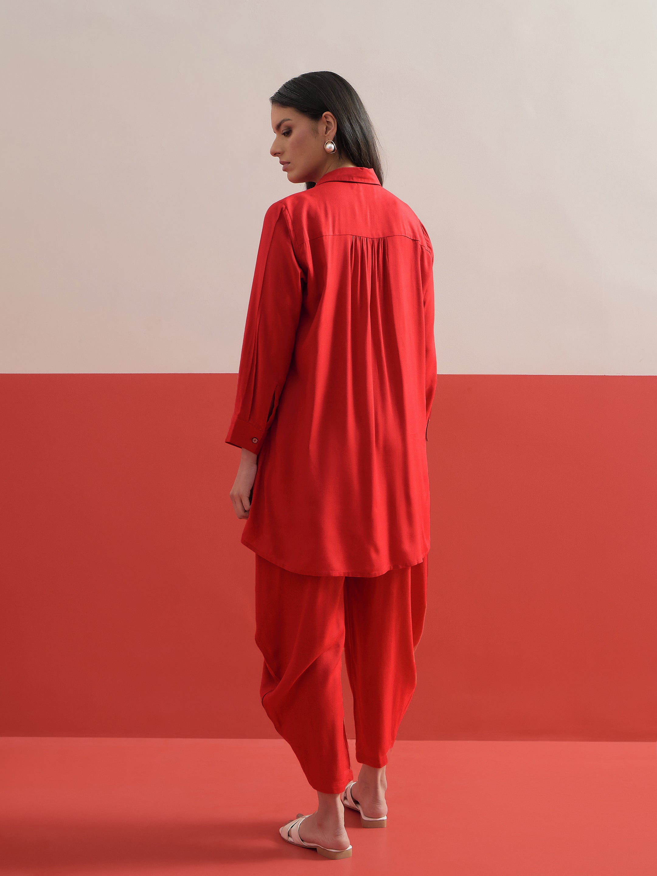 Red Embroidered Hi Low Shirt With Balloon Pants Shae by SASSAFRAS