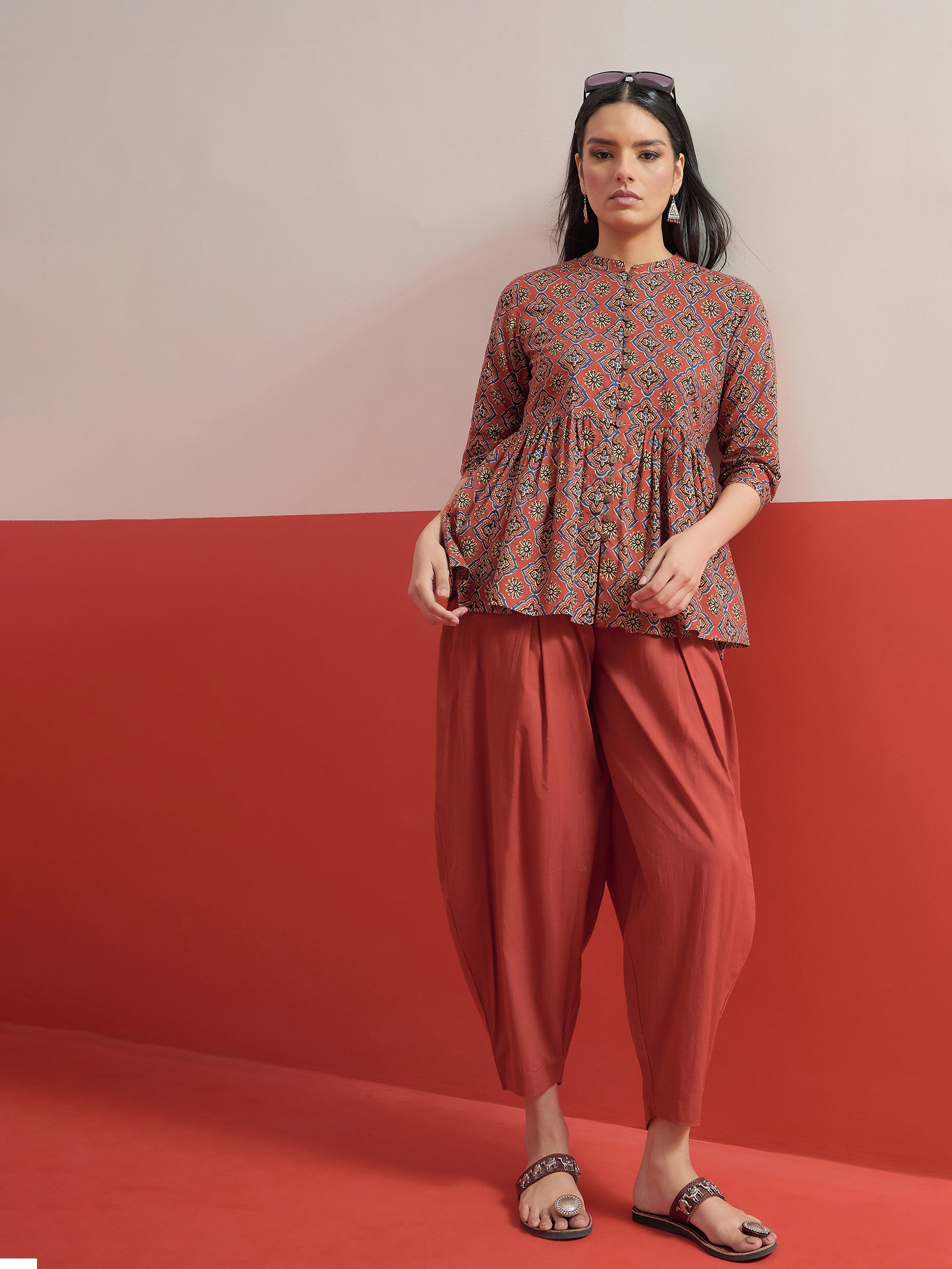 Maroon Geometric Peplum Top With Balloon Pants Shae by SASSAFRAS