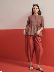 Maroon Geometric Peplum Top With Balloon Pants Shae by SASSAFRAS