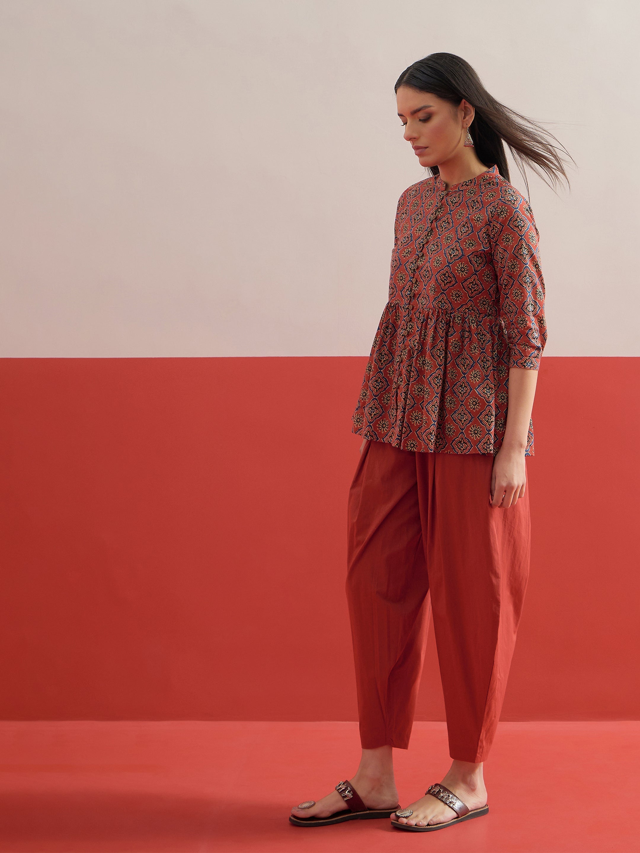 Maroon Geometric Peplum Top With Balloon Pants Shae by SASSAFRAS