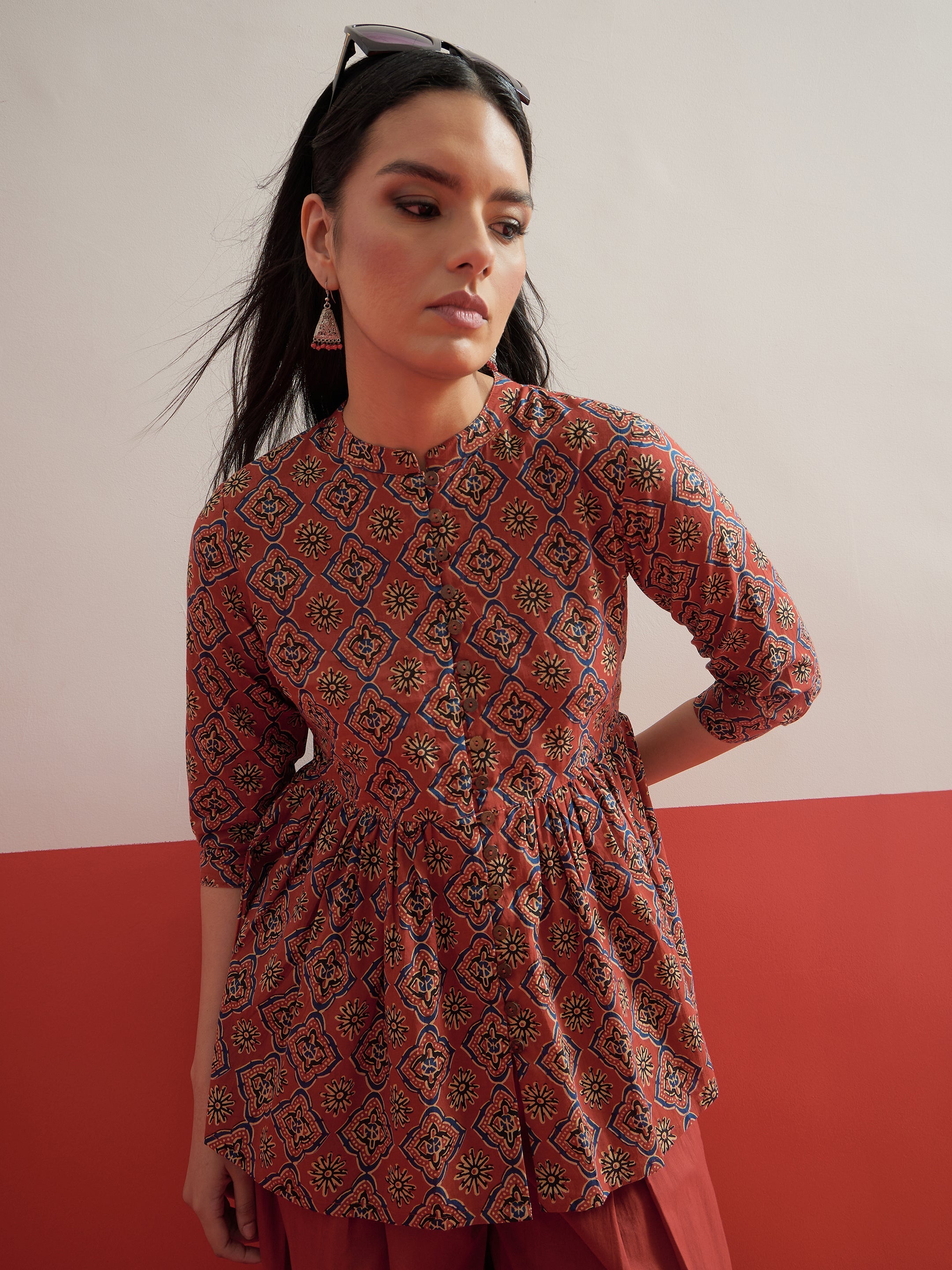 Maroon Geometric Peplum Top With Balloon Pants Shae by SASSAFRAS