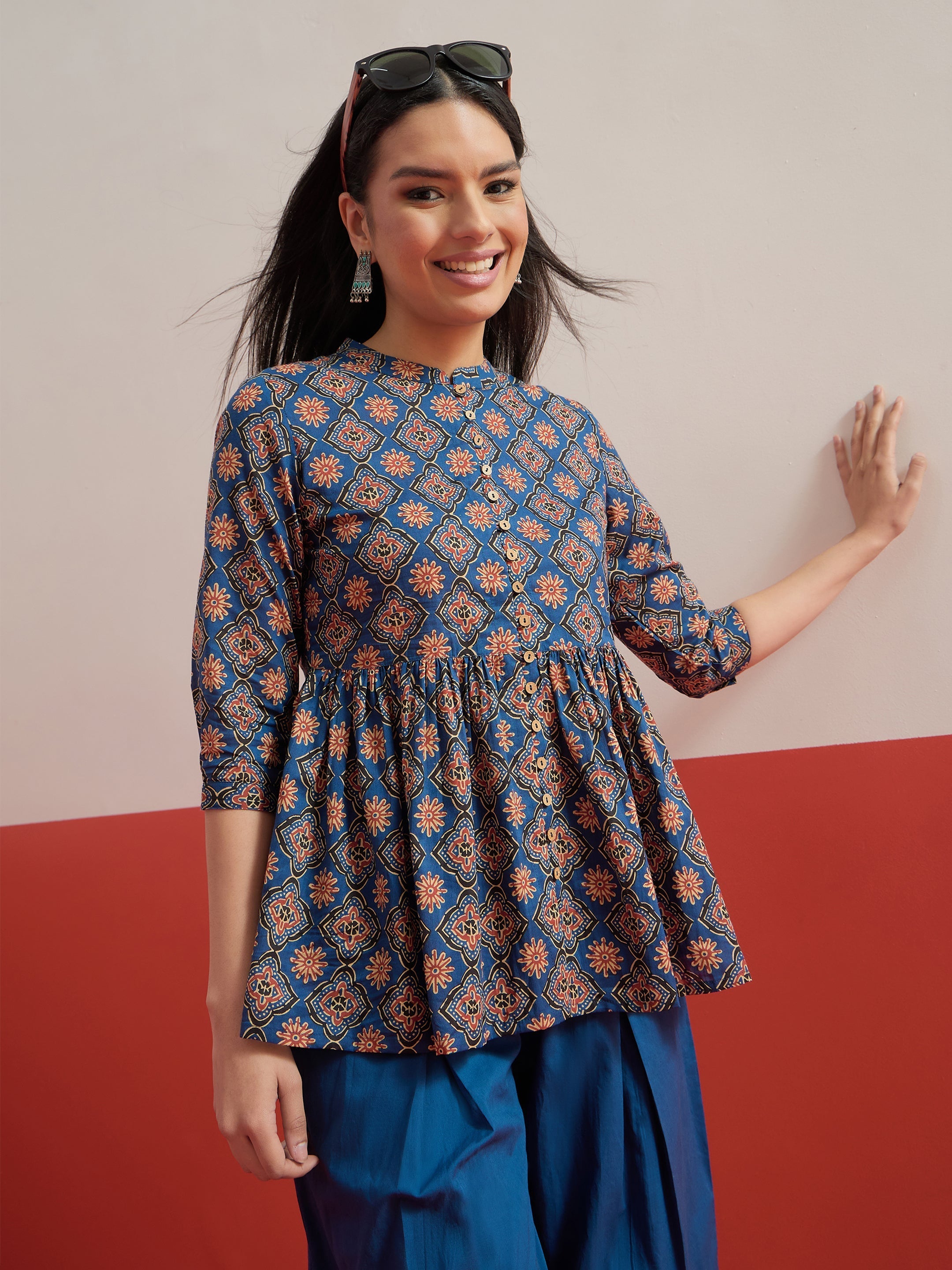 Blue Floral Geometric Peplum Top With Balloon Pants Shae by SASSAFRAS
