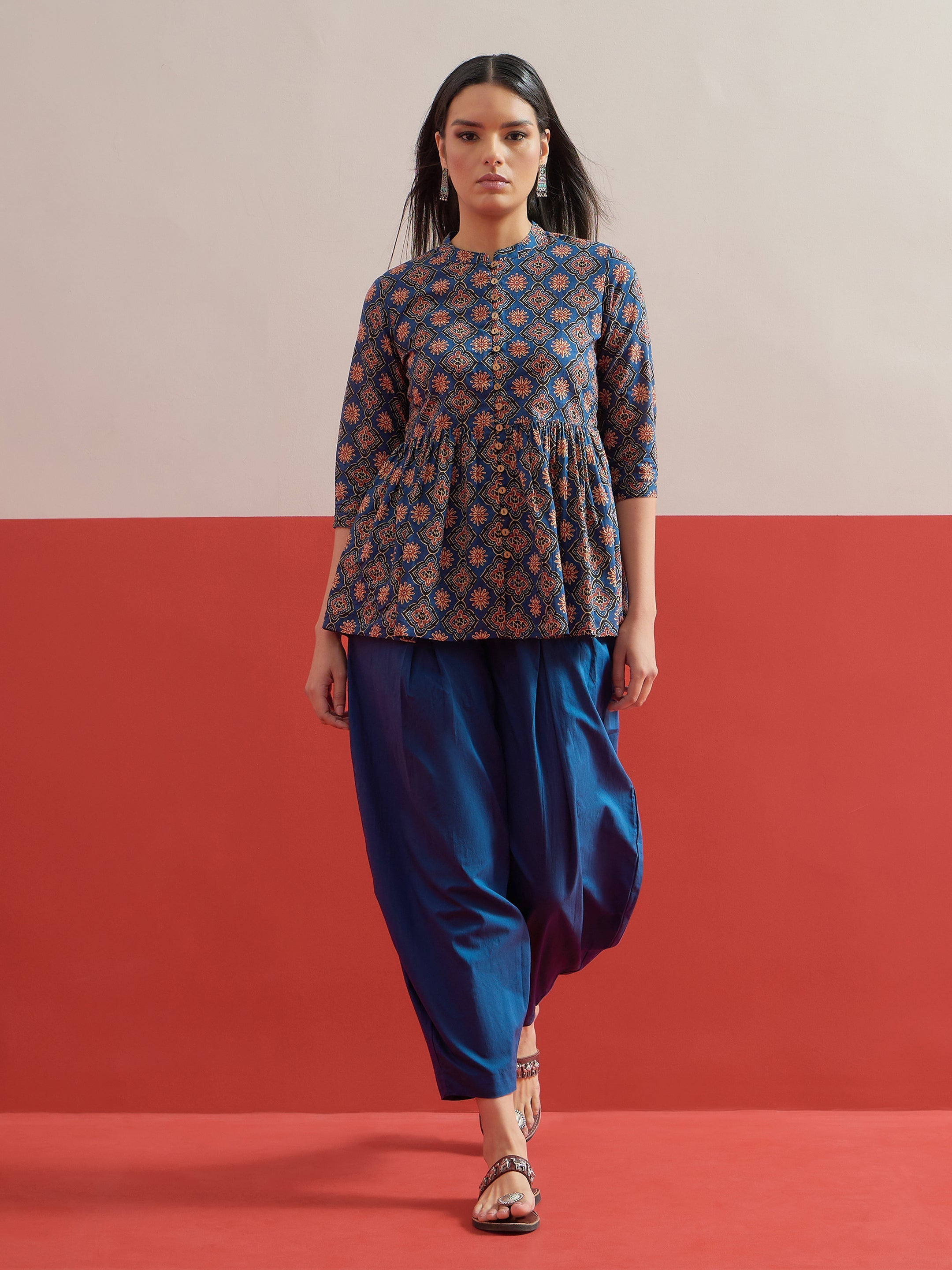 Blue Floral Geometric Peplum Top With Balloon Pants Shae by SASSAFRAS