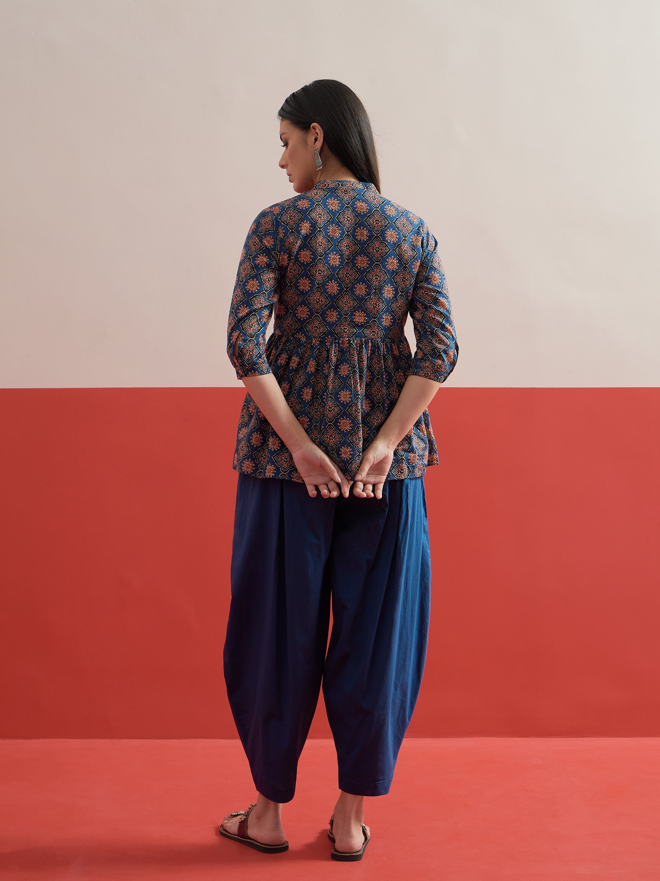 Blue Floral Geometric Peplum Top With Balloon Pants Shae by SASSAFRAS