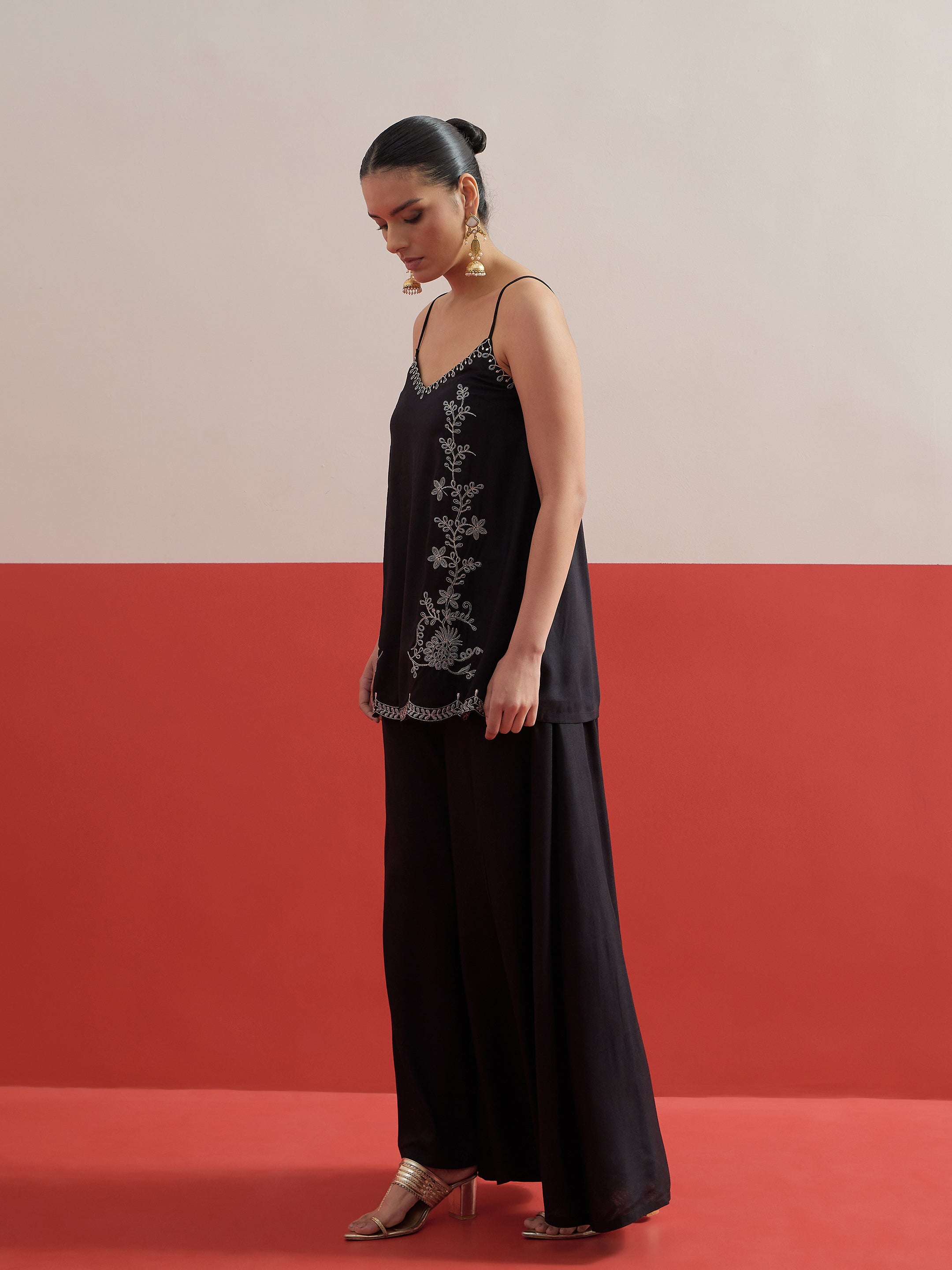 Black Embroidered Strappy Top With Palazzos Shae by SASSAFRAS