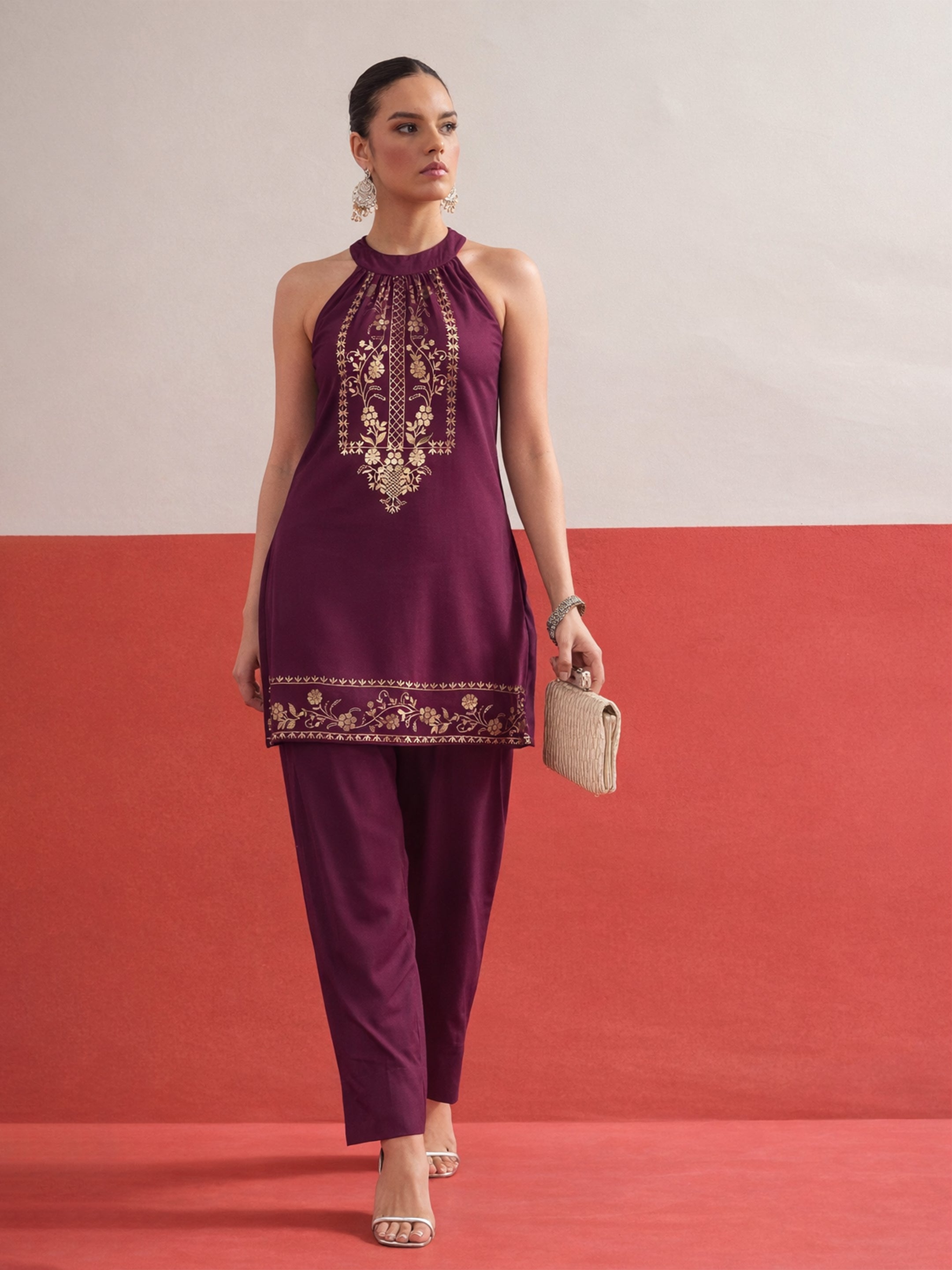 Burgundy Foil Print Halter Neck Kurta With Pants Shae by SASSAFRAS