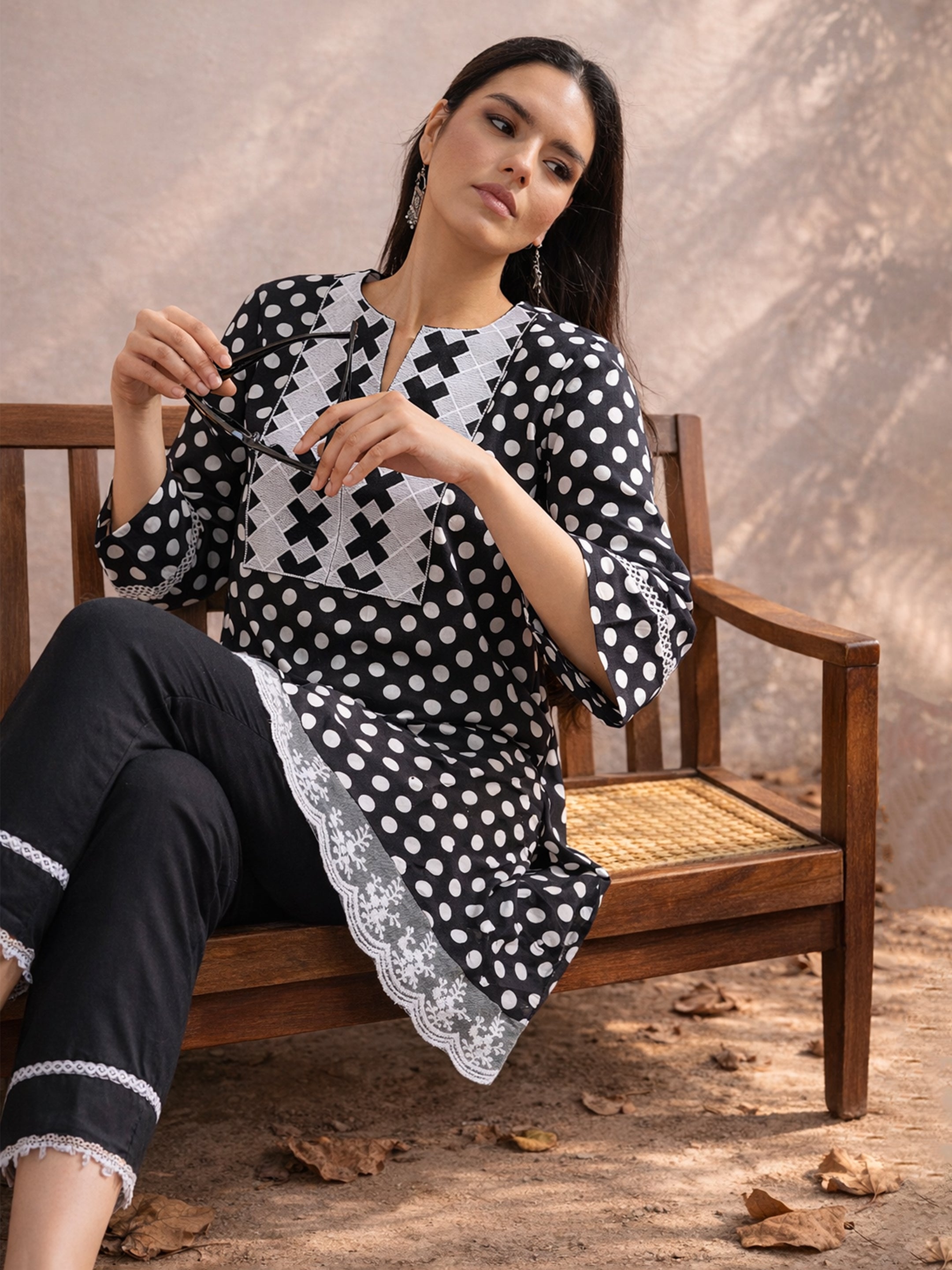 Black Polka Dot Embroidered Short Kurti With Pencil Pants Shae by SASSAFRAS