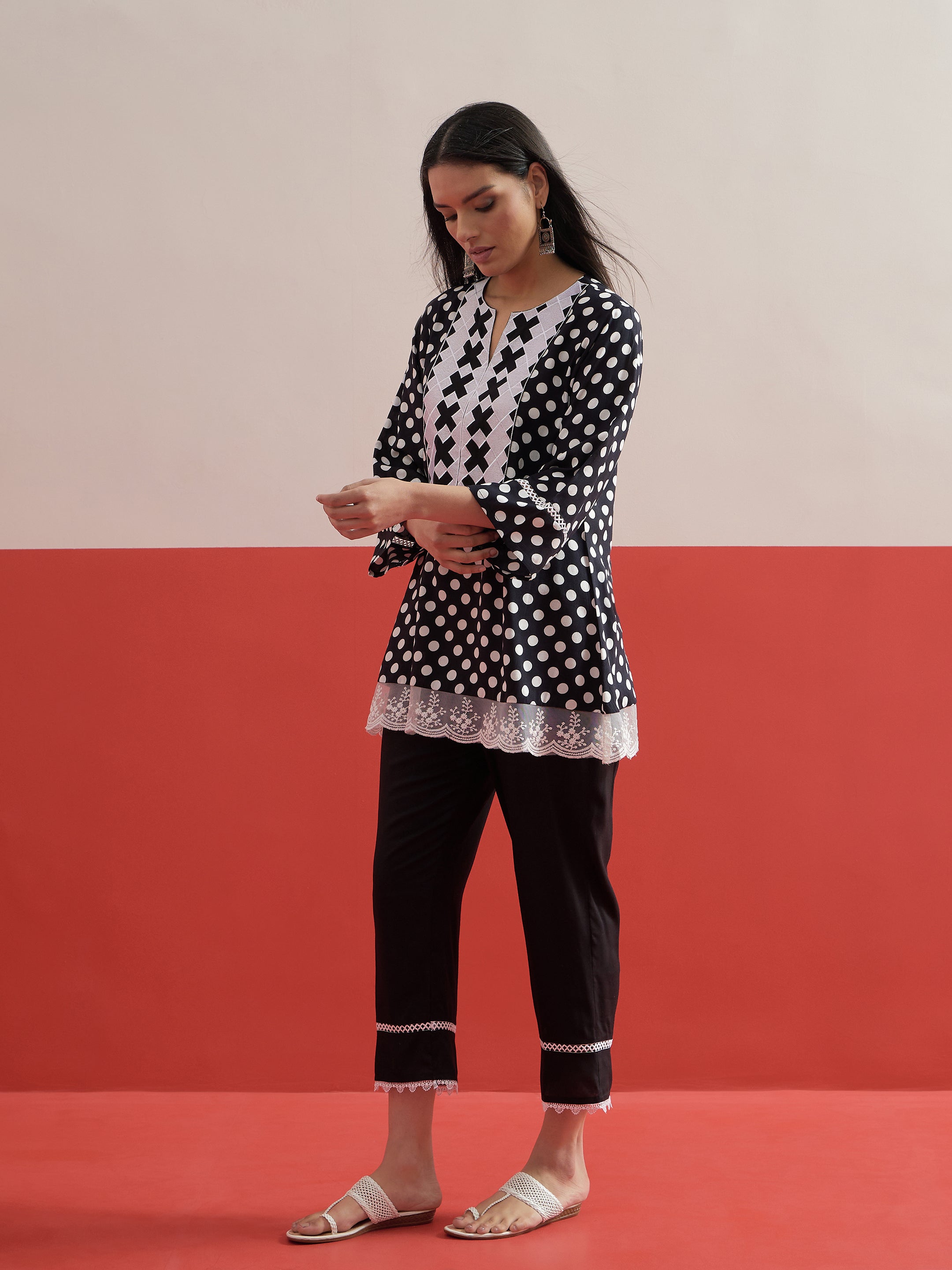 Black Polka Dot Embroidered Short Kurti With Pencil Pants Shae by SASSAFRAS