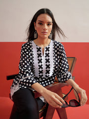 Black Polka Dot Embroidered Short Kurti With Pencil Pants Shae by SASSAFRAS