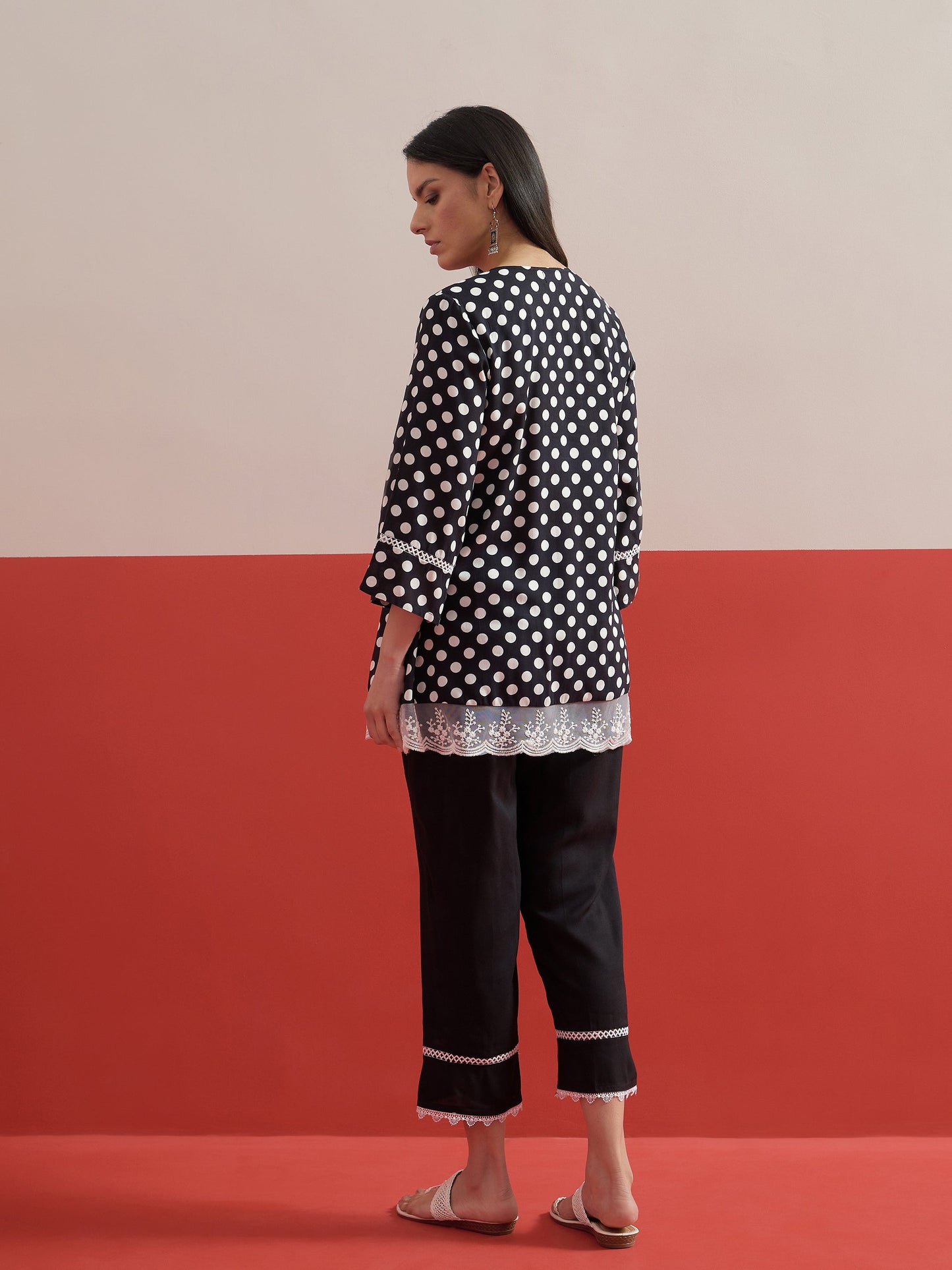 Black Polka Dot Embroidered Short Kurti With Pencil Pants Shae by SASSAFRAS