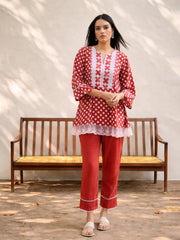 Red Polka Dot Embroidered Short Kurti With Pencil Pants Shae by SASSAFRAS