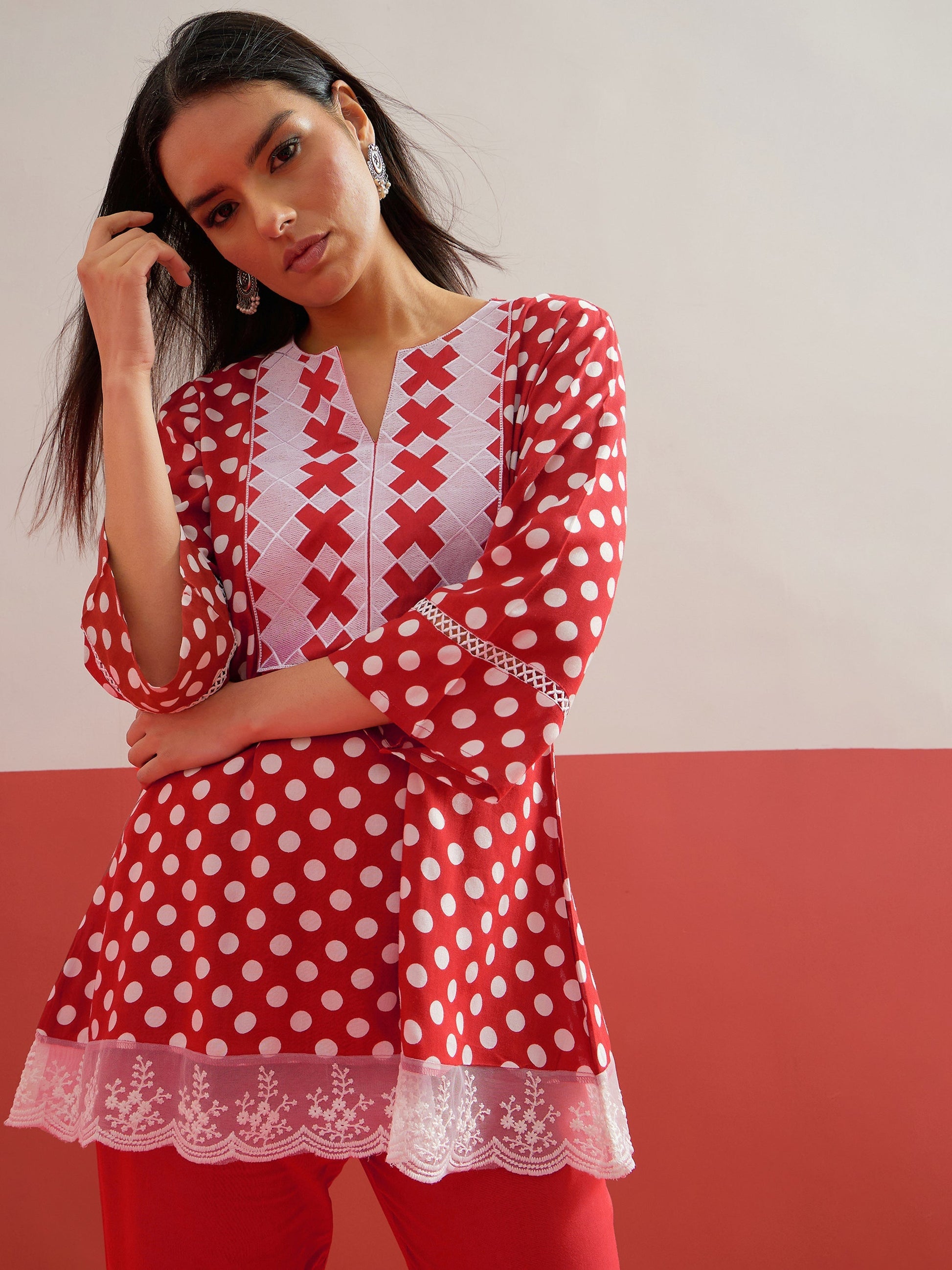 Red Polka Dot Embroidered Short Kurti With Pencil Pants Shae by SASSAFRAS