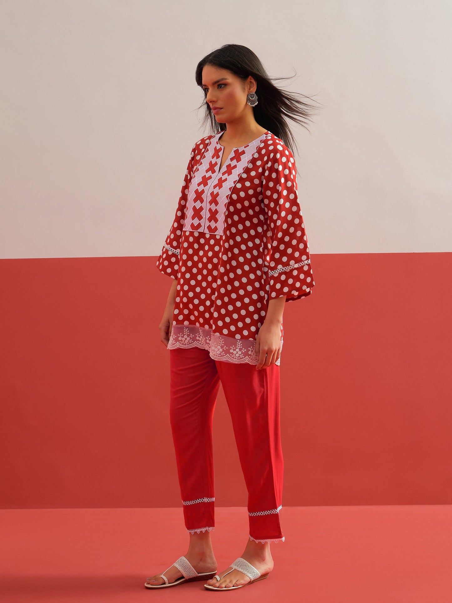 Red Polka Dot Embroidered Short Kurti With Pencil Pants Shae by SASSAFRAS