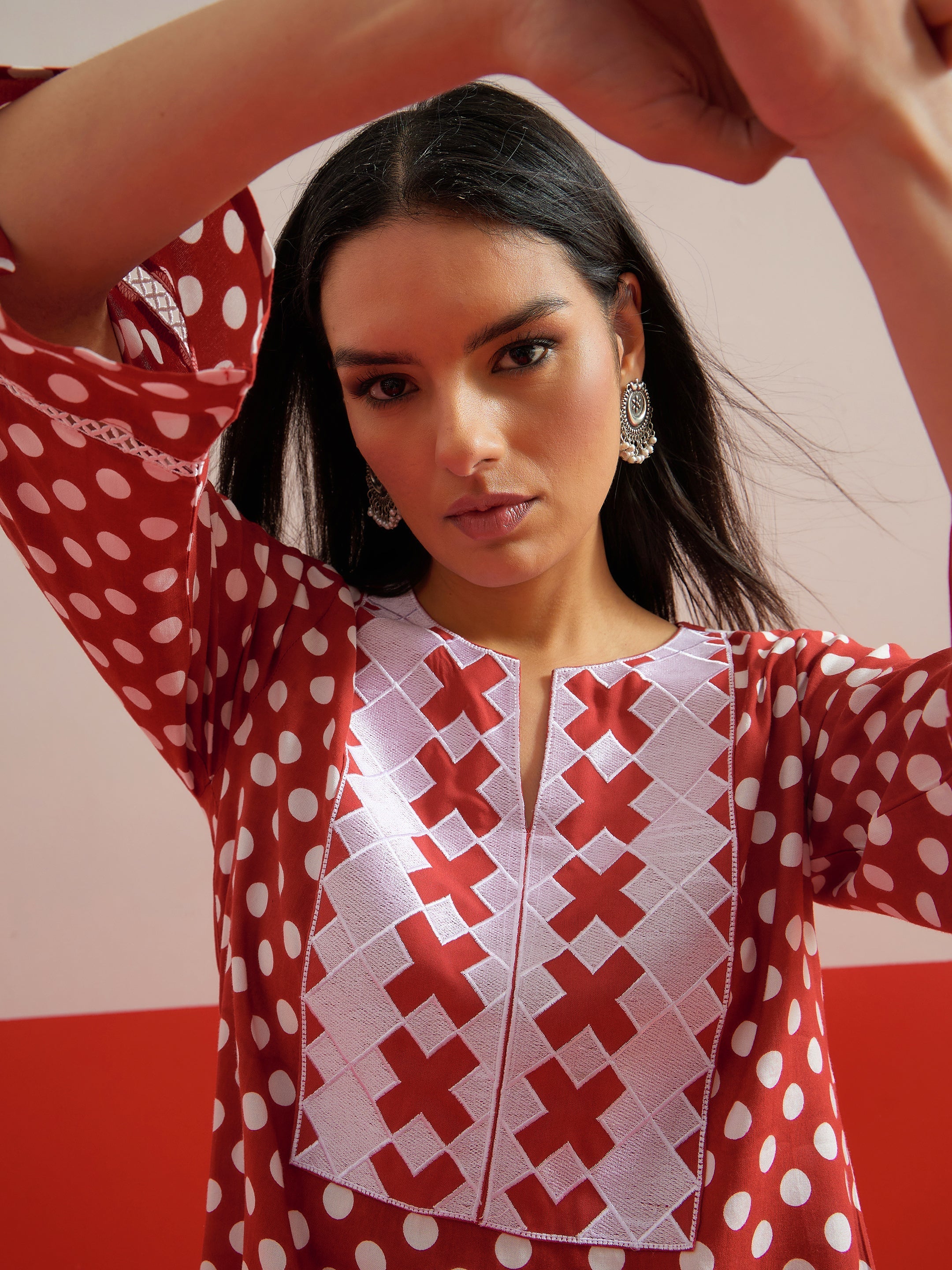 Red Polka Dot Embroidered Short Kurti With Pencil Pants Shae by SASSAFRAS