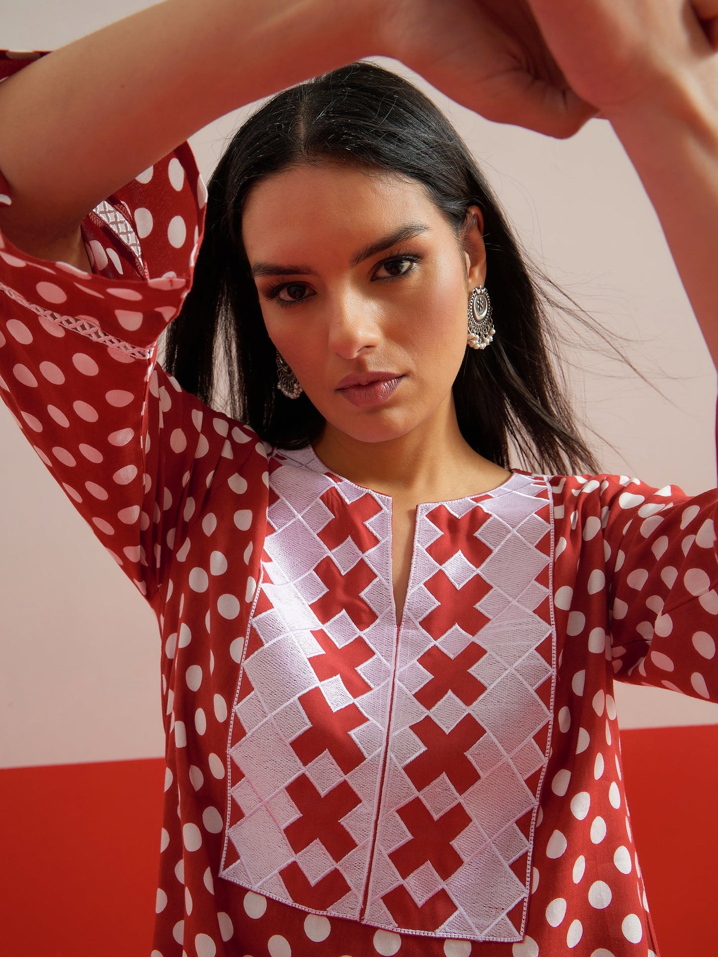 Red Polka Dot Embroidered Short Kurti With Pencil Pants Shae by SASSAFRAS