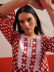 Red Polka Dot Embroidered Short Kurti With Pencil Pants Shae by SASSAFRAS