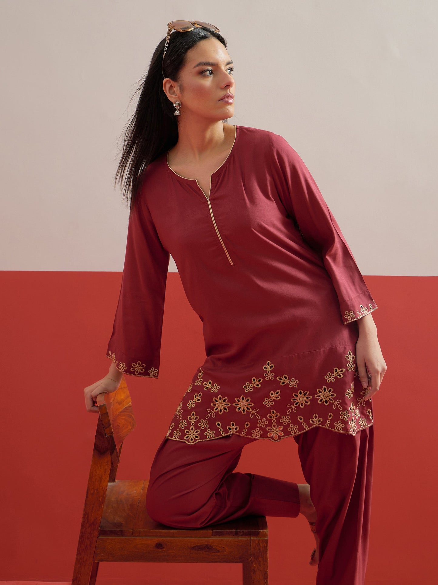 Maroon Zari Embroidered Short Kurti With Pharsi Salwar Shae by SASSAFRAS